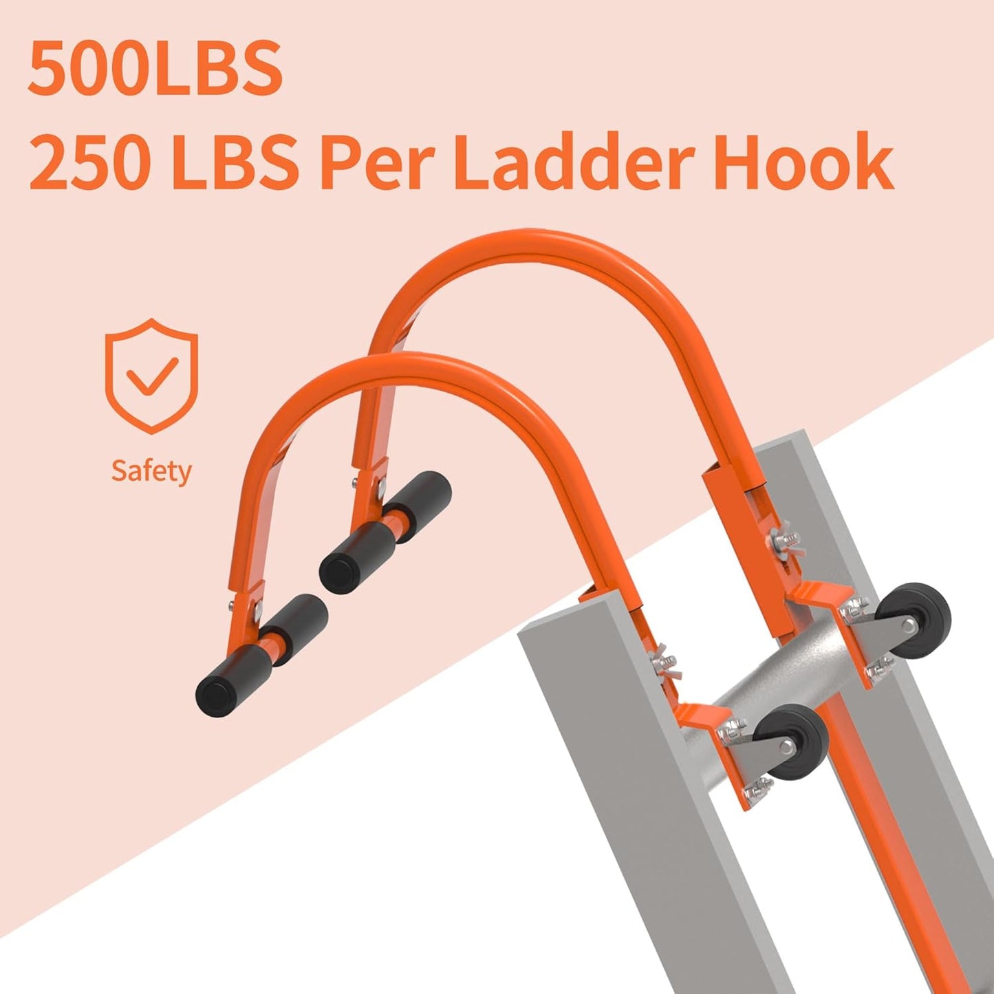 2 Pack Heavy Duty Ladder Roof Hook with Wheel Rubber Grip T-Bar - 500 lbs Weight Rating - Fast & Easy Access for Steep Roofs