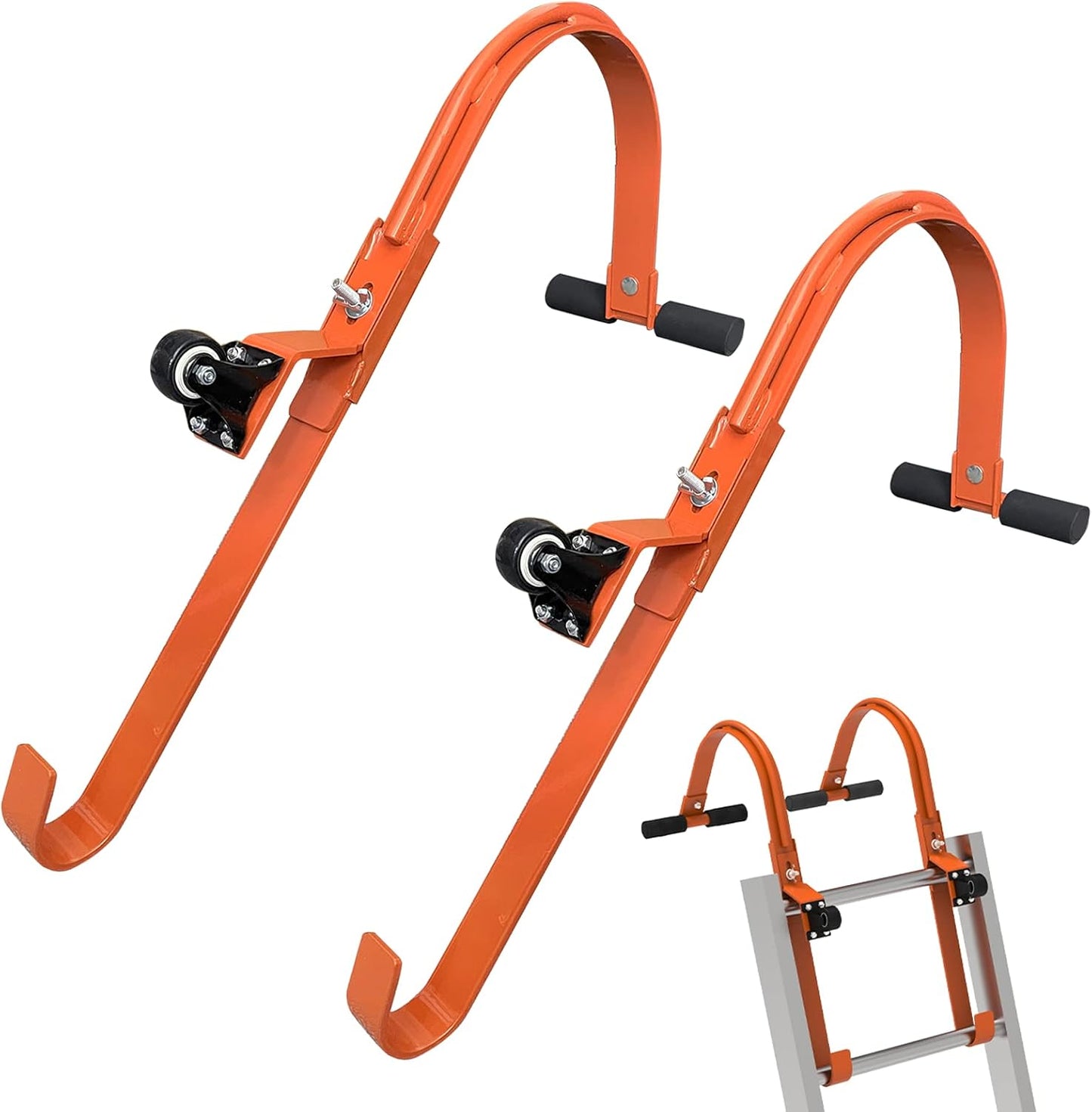 2 Pack Heavy Duty Ladder Roof Hook with Wheel Rubber Grip T-Bar - 500 lbs Weight Rating - Fast & Easy Access for Steep Roofs