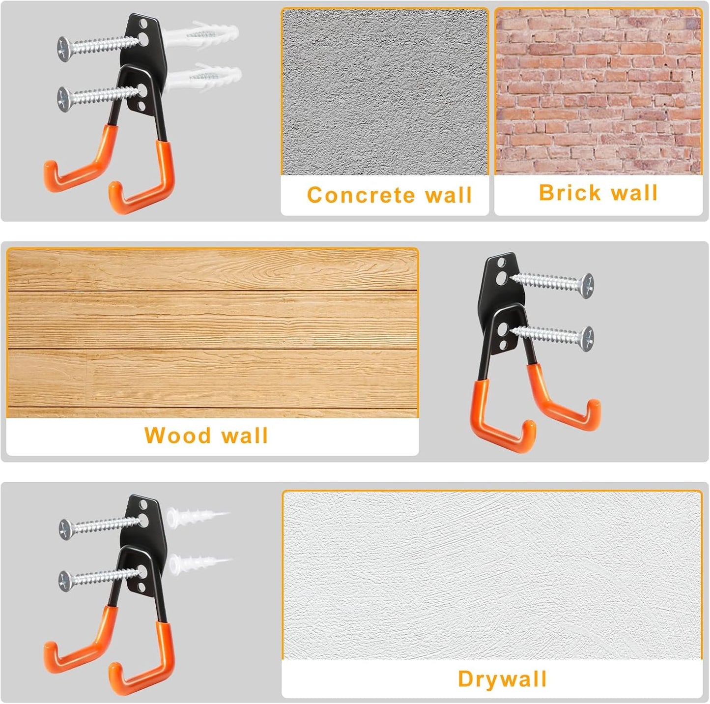 2 Pack Heavy Duty Metal Wall Hooks for Garage Tool Organization - Holds Ladder, Extension, Garden Tools, Small Utilities, Hoses - Indoor/Outdoor Storage