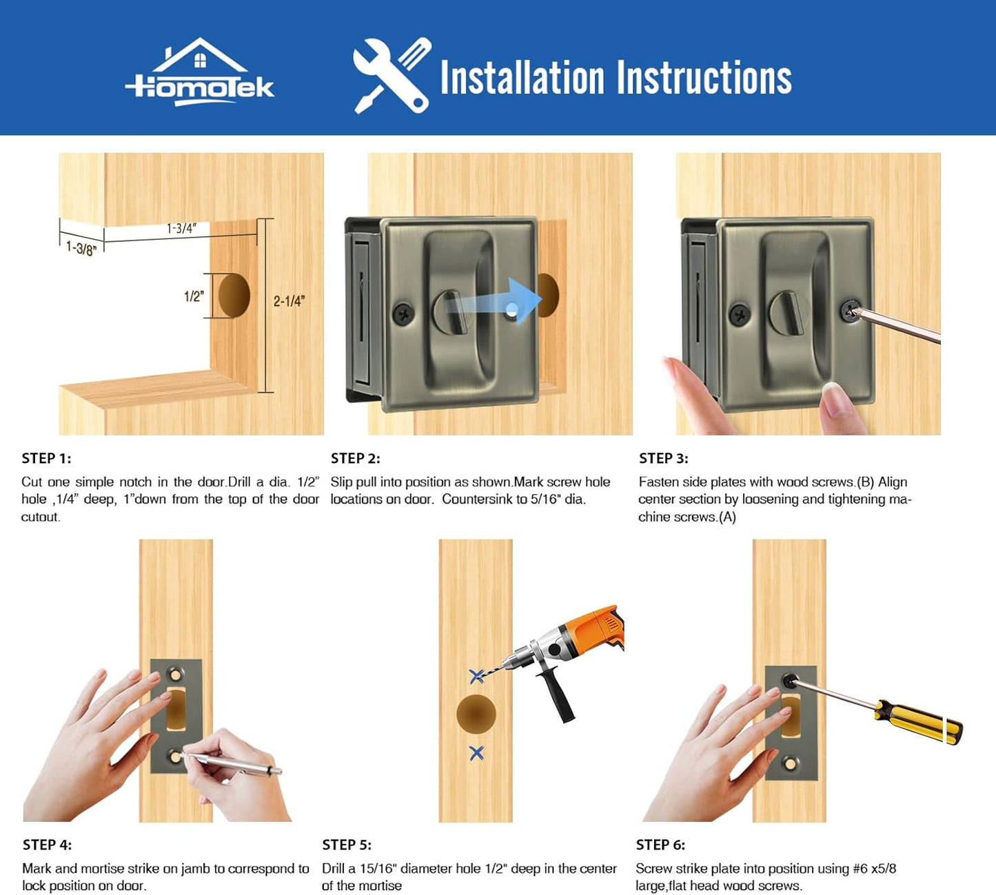 2 Pack HOMOTEK Privacy Sliding Door Lock with Pull - Easy Replacement for Old Pocket Door Locks Hardware, Antique Brass, 2-3/4”x2-1/2”
