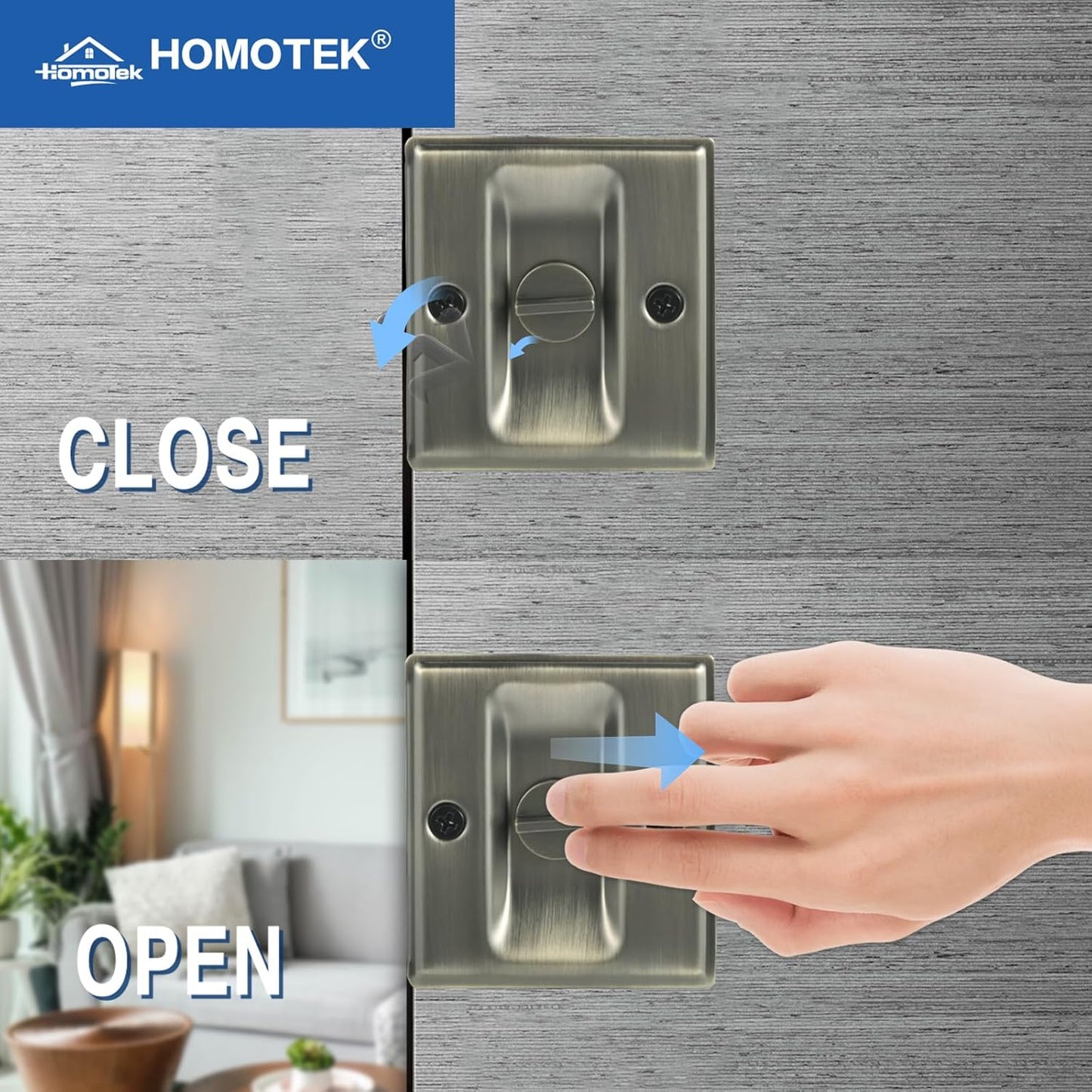 2 Pack HOMOTEK Privacy Sliding Door Lock with Pull - Easy Replacement for Old Pocket Door Locks Hardware, Antique Brass, 2-3/4”x2-1/2”