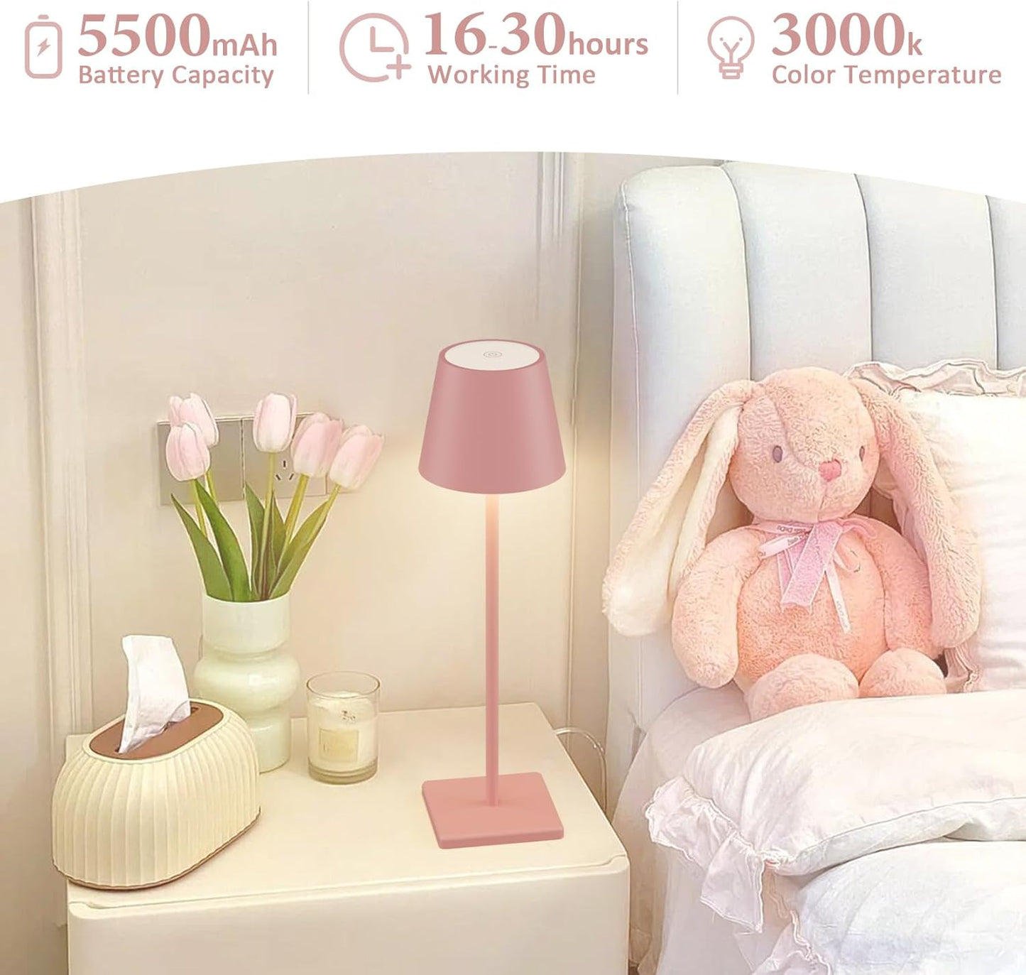 2-Pack LED Cordless Table Lamps, Rechargeable Battery Operated Desk Lamp with Stepless Dimming, Modern Portable Light for Restaurant/Bedroom/Outdoor - IP54 Waterproof (Pink)