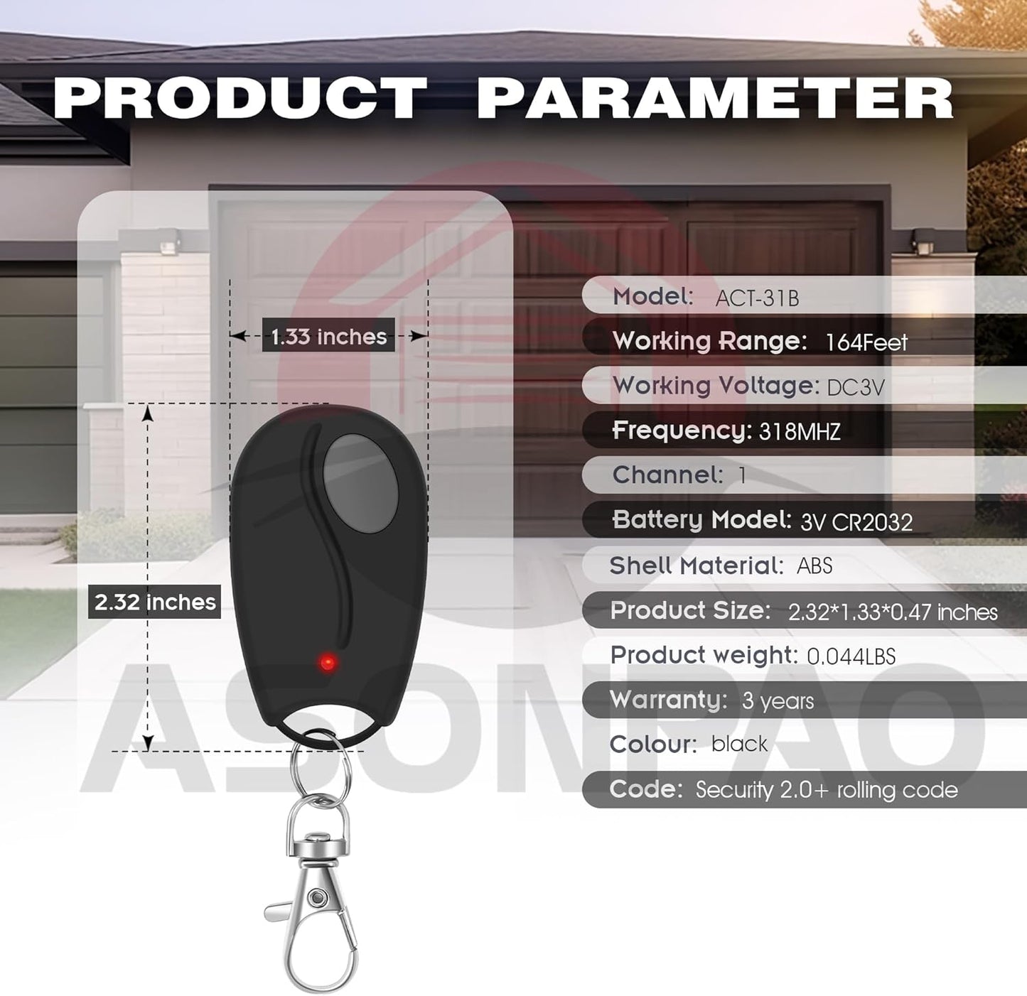 2-Pack Linear Garage Door Opener Remote Megacode 318MHz - ASONPAO ACT-31B ACP00879 MCT-1 DNT00083 LD033 LD050 LS050 - Long Range, 3-Year Warranty, Lithium Battery