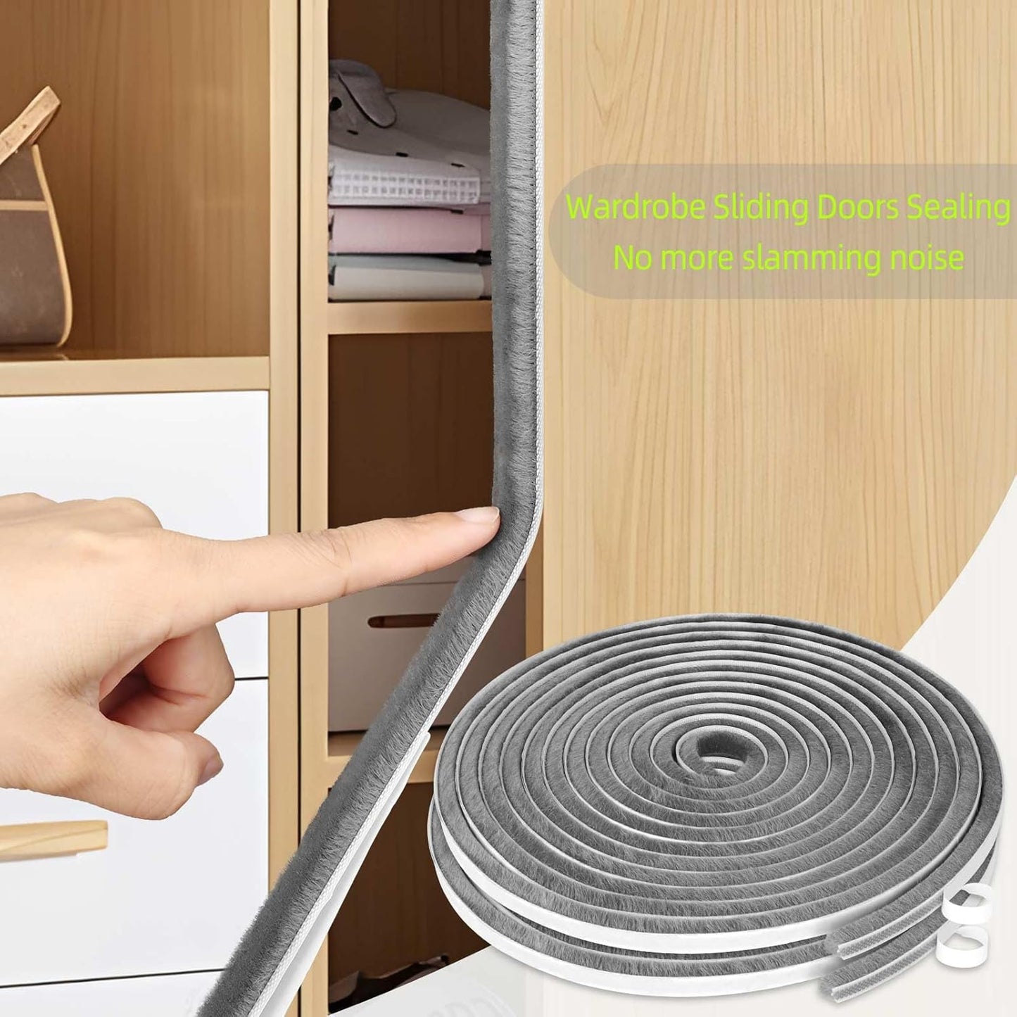 2 Pack MILEQEE Door Brush Seal - 66 Feet Total - Felt Pile Weather Stripping - Self Adhesive Draft Blocker for Doors, Windows, Cabinets - Dust Stopper Sliding Door Seal Winter - Grey 20m