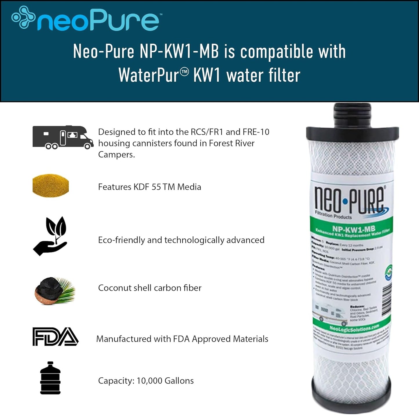 2-Pack Neo-Pure NP-KW1-MB MAX Filter Replacement for WaterPur™ KW1 RV Water Filter - Enhanced with Quantum Water Purification KDF 55 Media and Coconut Shell Carbon Fiber