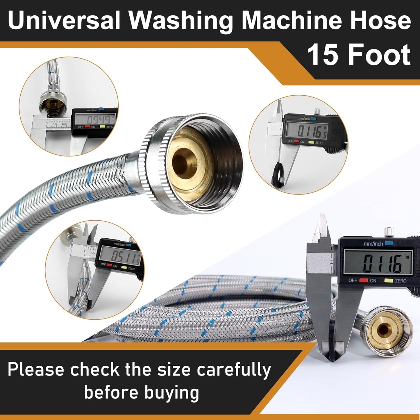 2 Pack of 15 FT Long Washing Machine Hoses for Hot and Cold Water Connections - Universal Fit for Standard Wash Machines by MIFLUS