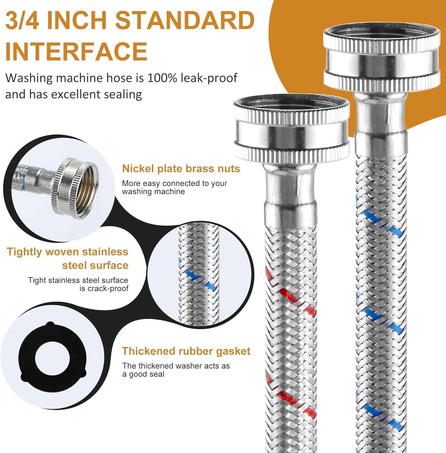 2 Pack of 15 FT Long Washing Machine Hoses for Hot and Cold Water Connections - Universal Fit for Standard Wash Machines by MIFLUS