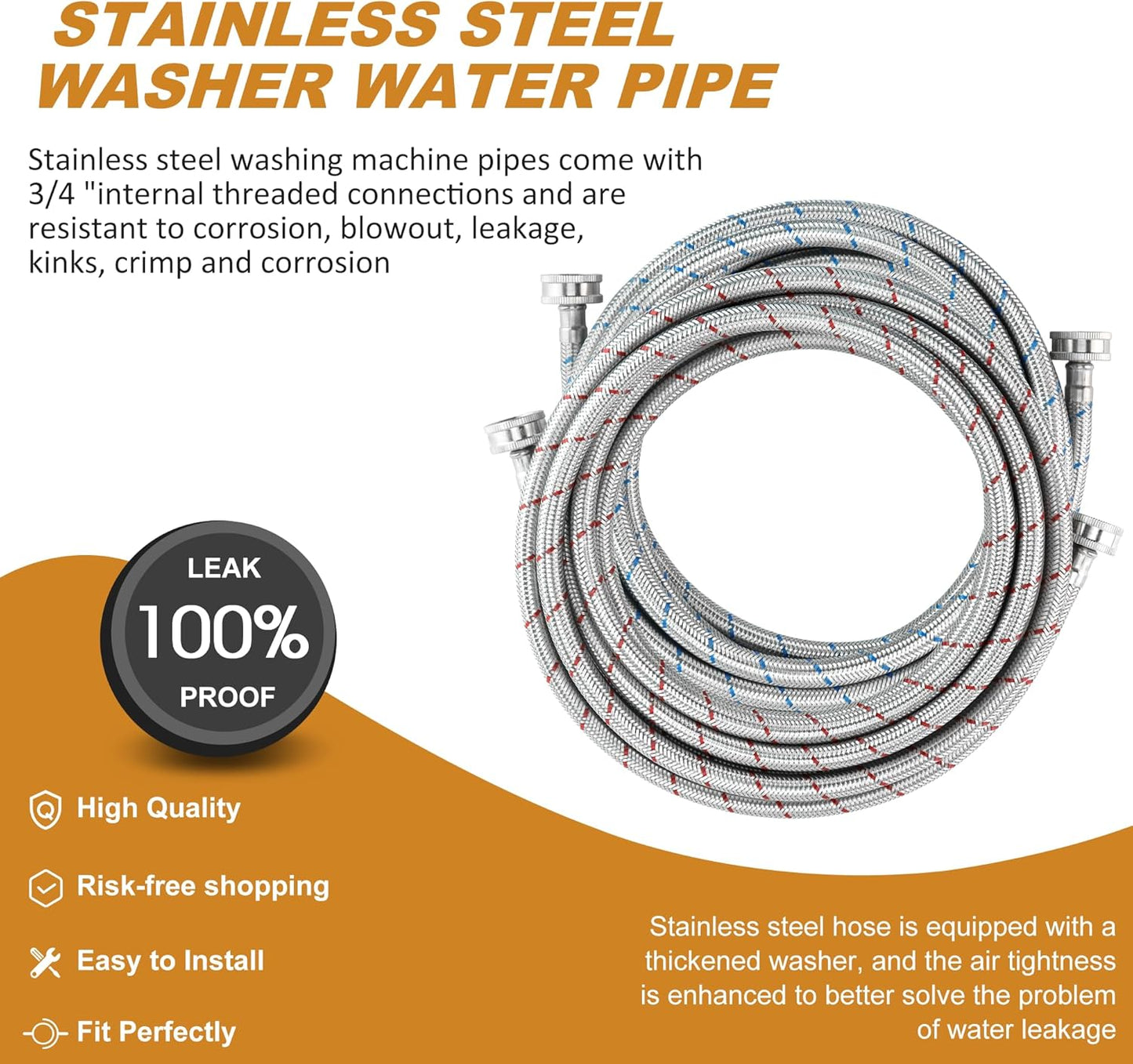 2 Pack of 15 FT Long Washing Machine Hoses for Hot and Cold Water Connections - Universal Fit for Standard Wash Machines by MIFLUS