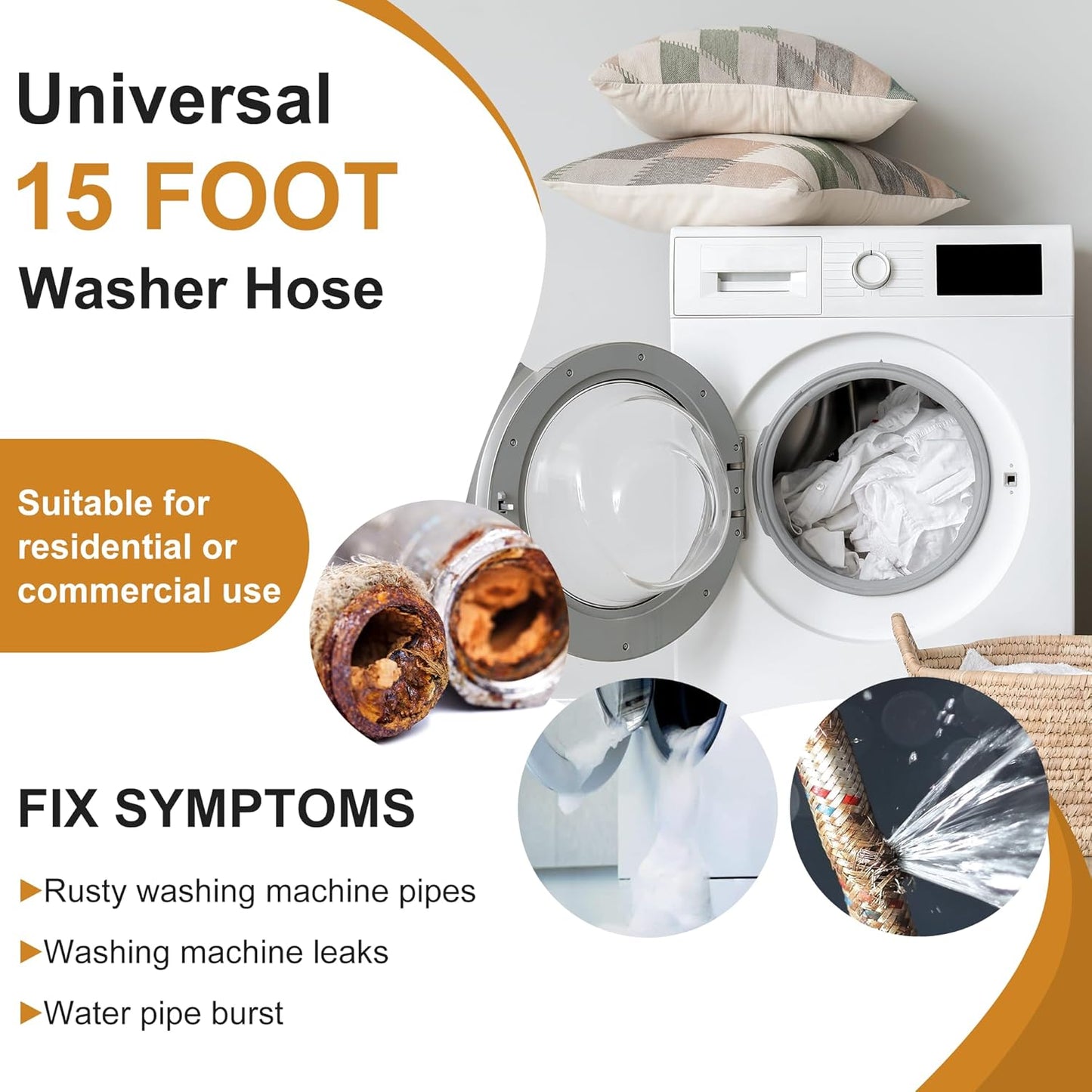 2 Pack of 15 FT Long Washing Machine Hoses for Hot and Cold Water Connections - Universal Fit for Standard Wash Machines by MIFLUS