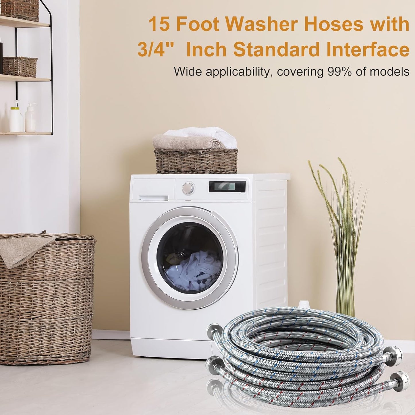 2 Pack of 15 FT Long Washing Machine Hoses for Hot and Cold Water Connections - Universal Fit for Standard Wash Machines by MIFLUS