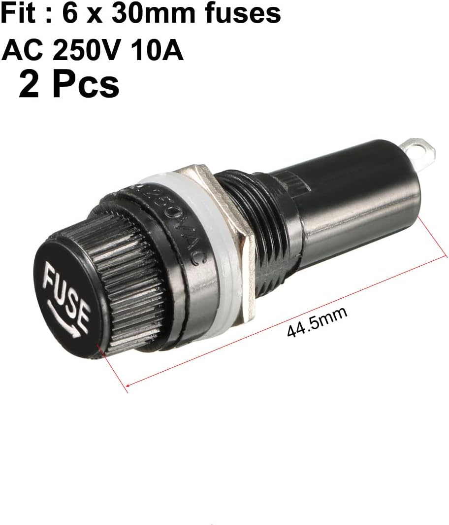 2 Pack of uxcell Black Panel Mounted Screw Cap Fuse Holders - AC 10A, 250V, 6mm x 30mm