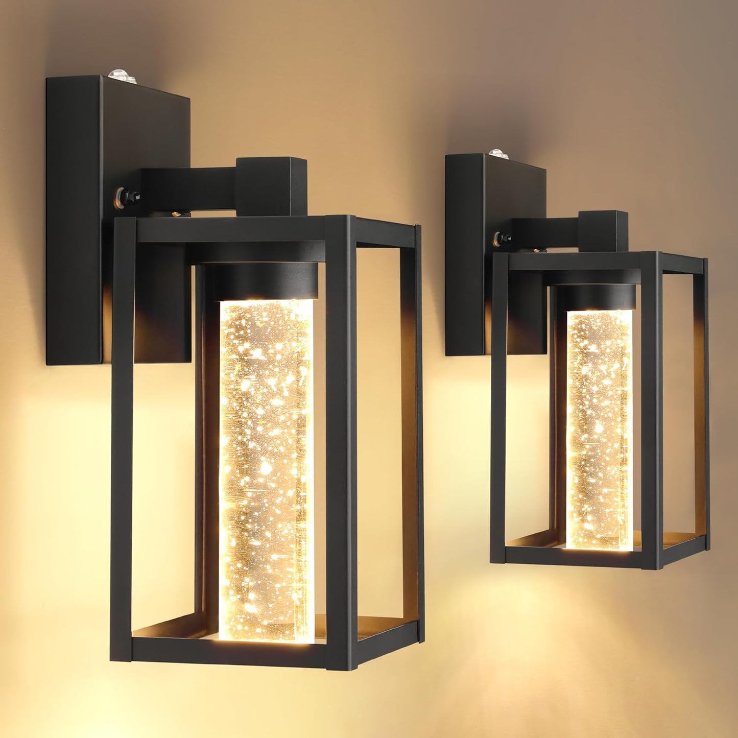 2 Pack Outdoor Wall Lanterns with Crystal Bulbs, Waterproof Exterior Light Fixtures for House, Matte Black Sconces with Tempered Glass Shade