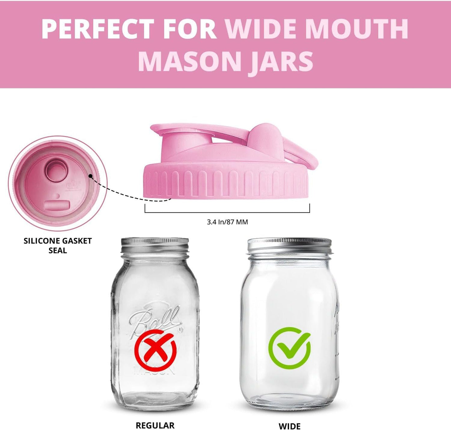 2 Pack Pink Wide Mouth Flip Cap Mason Jar Lids - Airtight, Leak-Proof, Convenient Pouring Spout