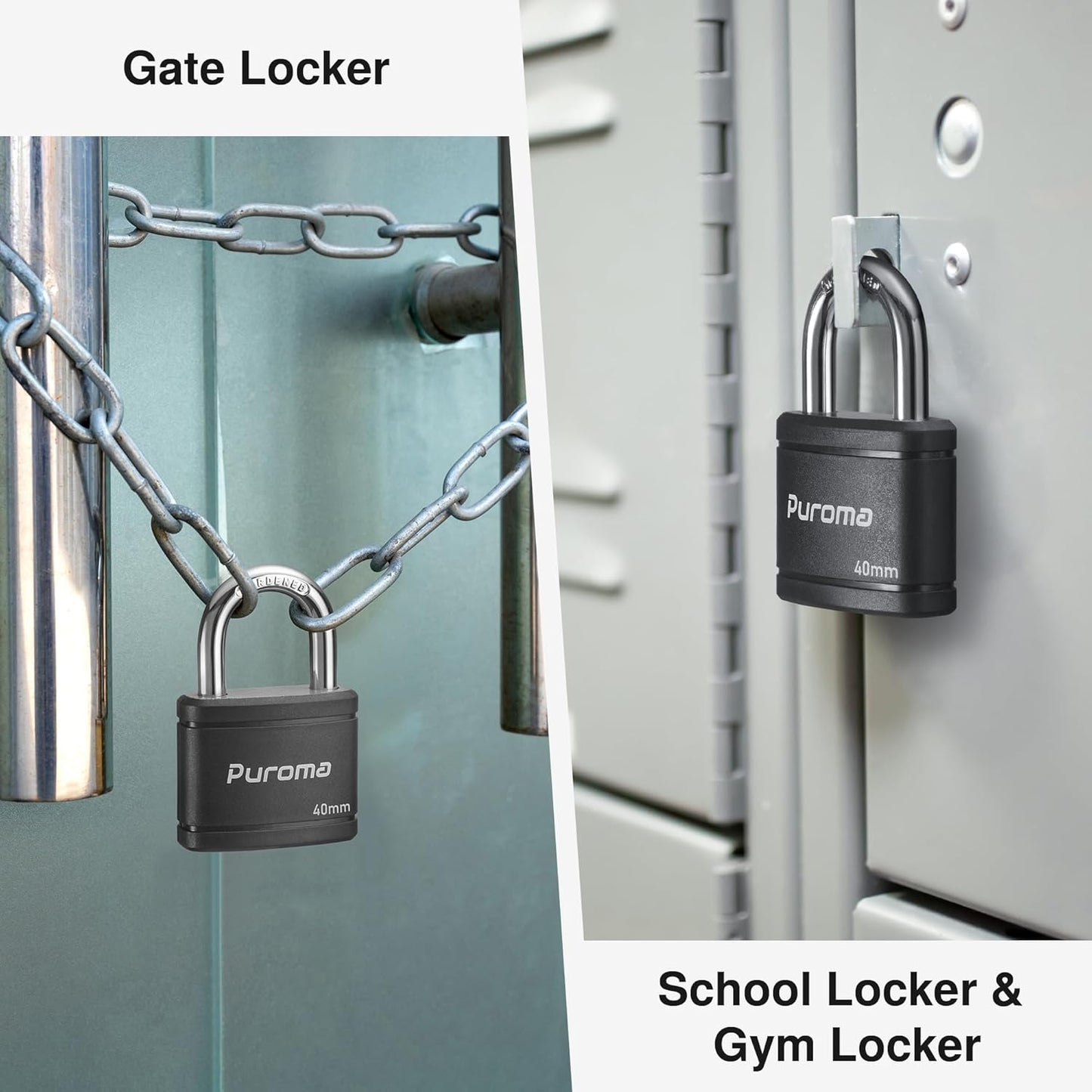 2 Pack Puroma 40mm Heavy-Duty Keyed Padlock Set with 3 Keys - Ideal for Gate, Fence, Cabinet, School Gym Locker - Black - WildKart