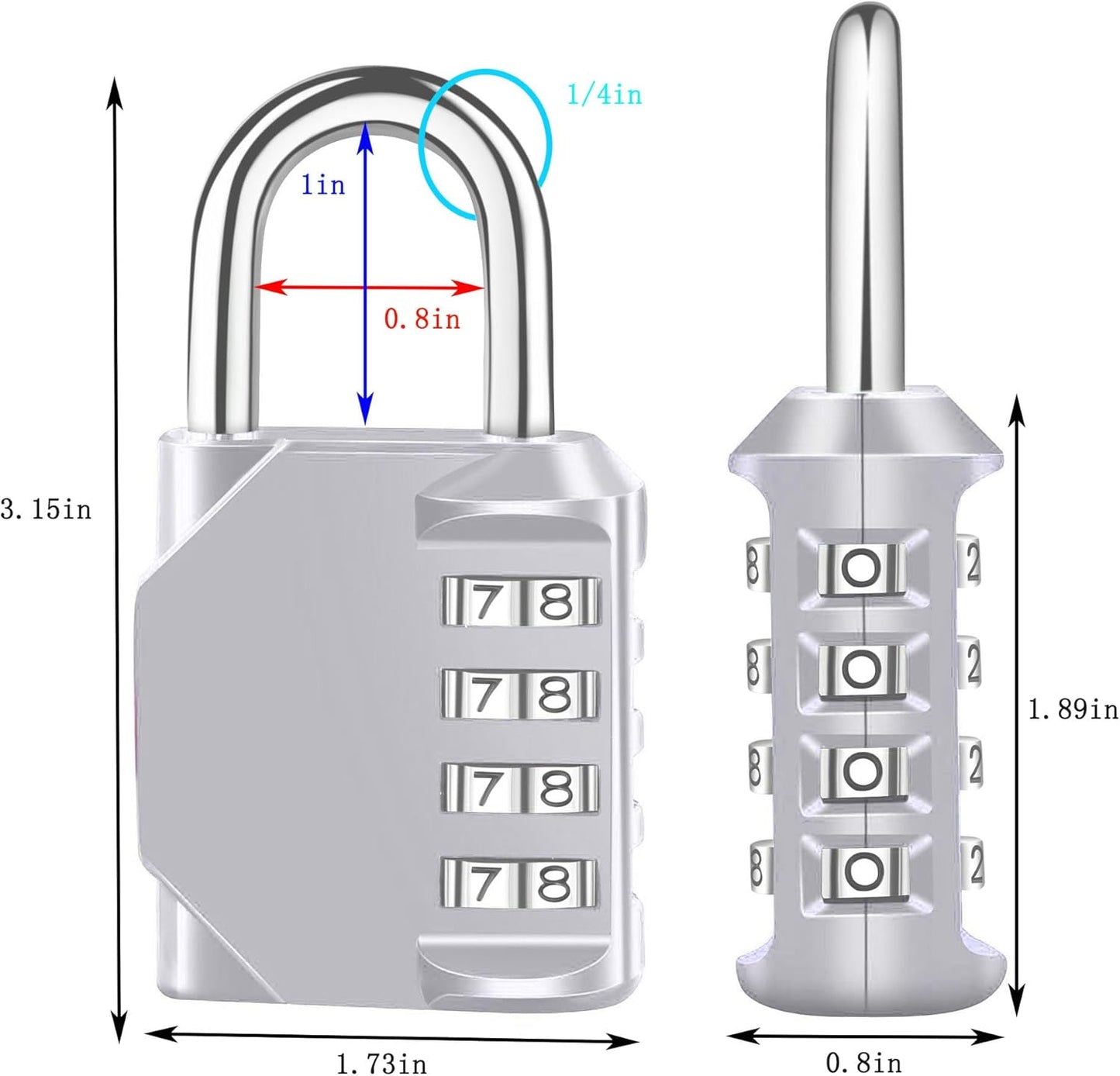 2 Pack Resettable 4-Digit Combination Locks for Backpack, School Gym Locker, Fence Gate - Silver Color