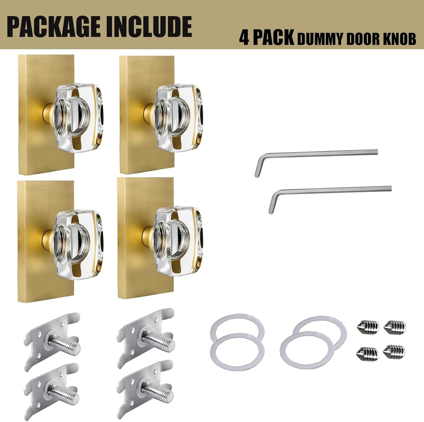 2 Pack Satin Brass Crystal Glass Dummy Door Knobs - Gold Closet Hall Rectangular Single Side Non-Turning Inactive Interior Knobs