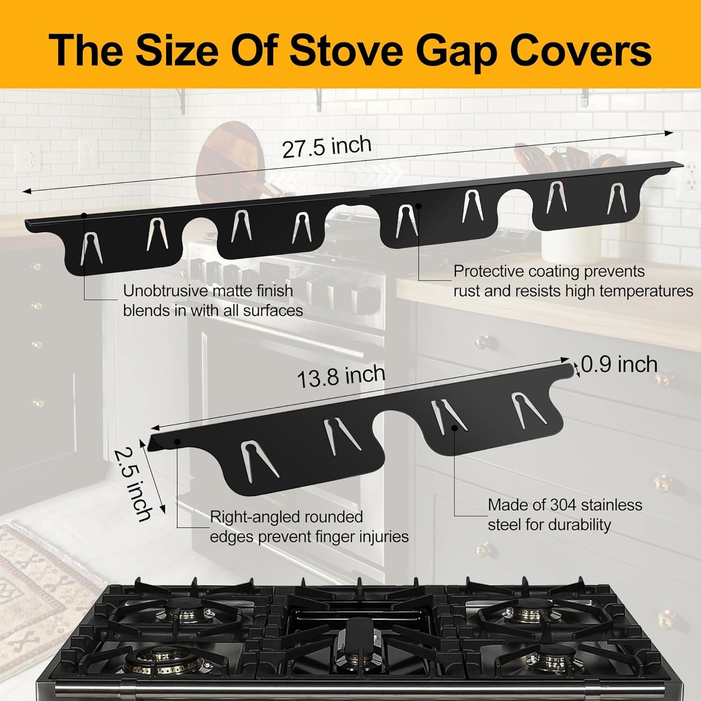 2 Pack Stove Gap Covers by NISHCON - Heat Resistant Stainless Steel Filler for Stove and Counter - Easy to Clean Gap Cover (13.8"-27.5",Black)