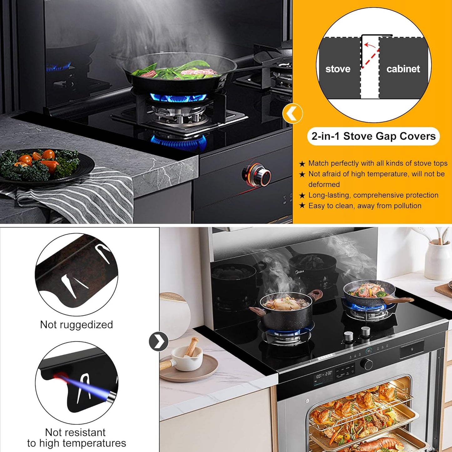 2 Pack Stove Gap Covers by NISHCON - Heat Resistant Stainless Steel Filler for Stove and Counter - Easy to Clean Gap Cover (13.8"-27.5",Black)