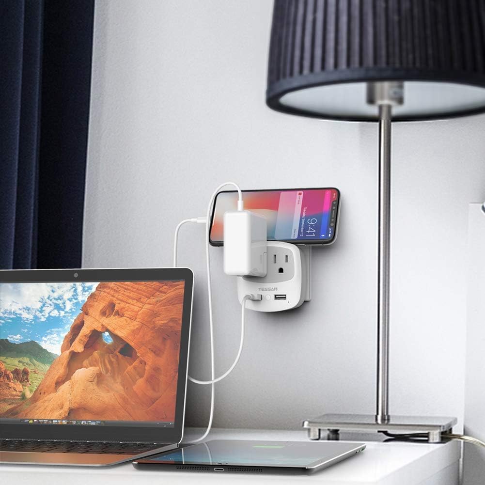 2 Pack TESSAN European Travel Plug Adapter with 2 USB Ports and 2 AC Outlets for USA to Europe, International Charger Converter for EU Italy Spain France Germany