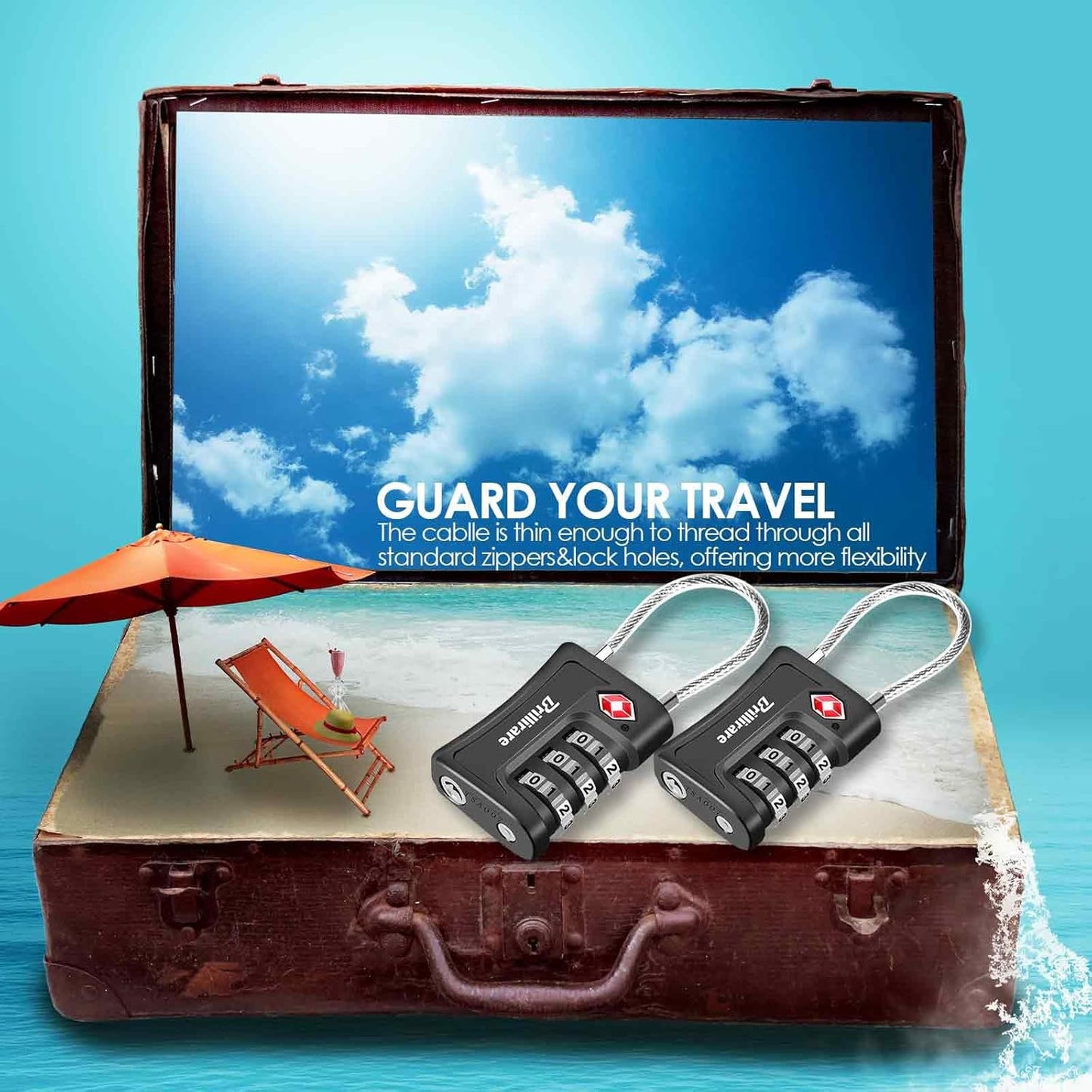 2 Pack TSA Approved Combination Travel Cable Padlocks - Waterproof 3-Digit Lock for Luggage, Lockers, Bags, Gym, Gate - Black - WildKart