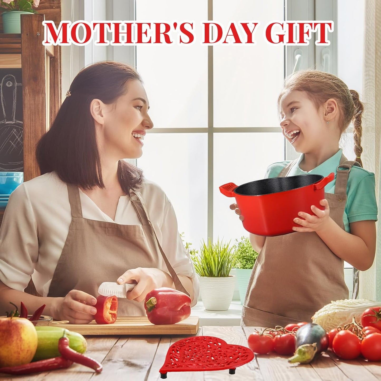 2-Piece Red Heart Shaped Cast Iron Dutch Oven Set with Lid and Trivet - 2 Quart Enameled Pot for Baking, Cooking, and Refrigerating