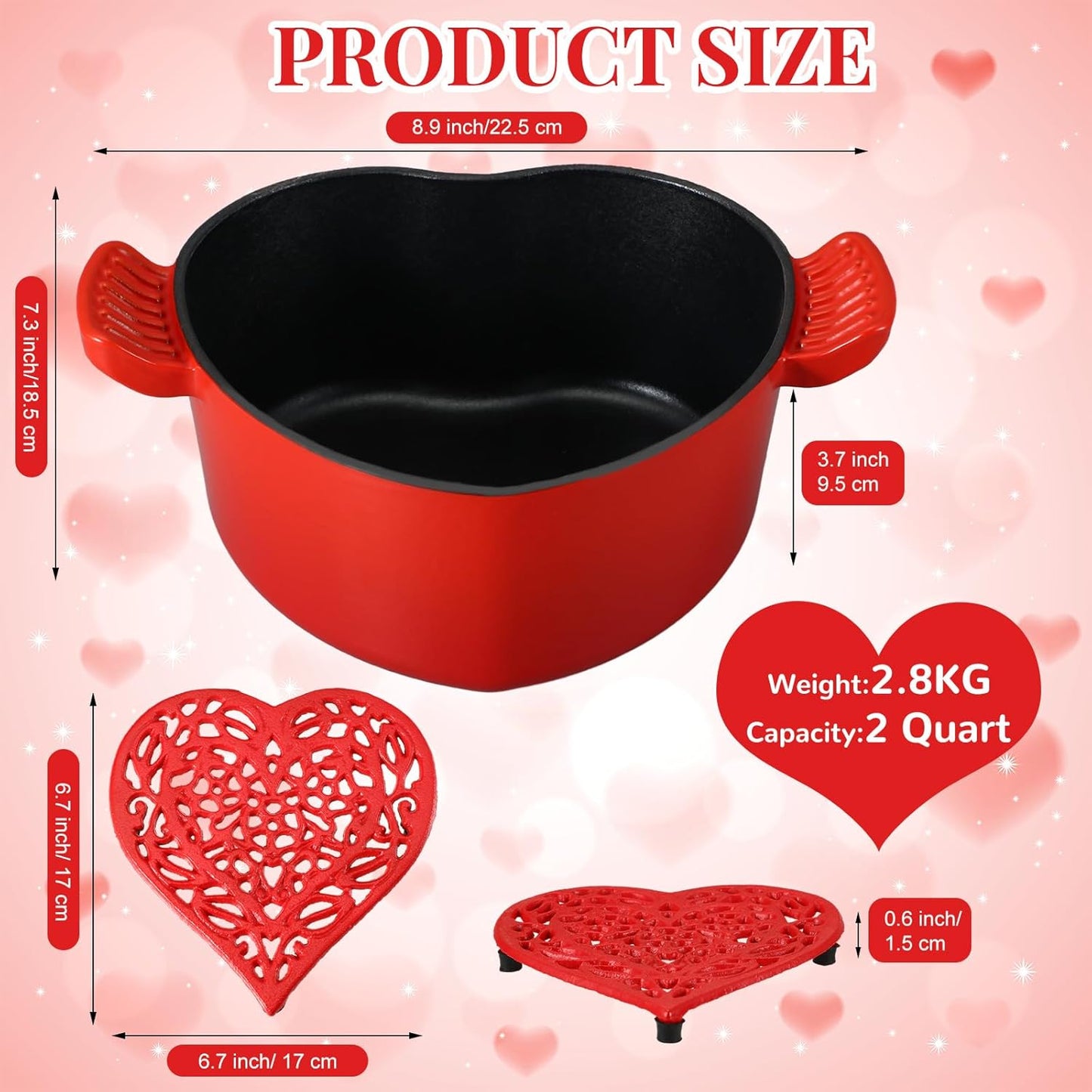 2-Piece Red Heart Shaped Cast Iron Dutch Oven Set with Lid and Trivet - 2 Quart Enameled Pot for Baking, Cooking, and Refrigerating