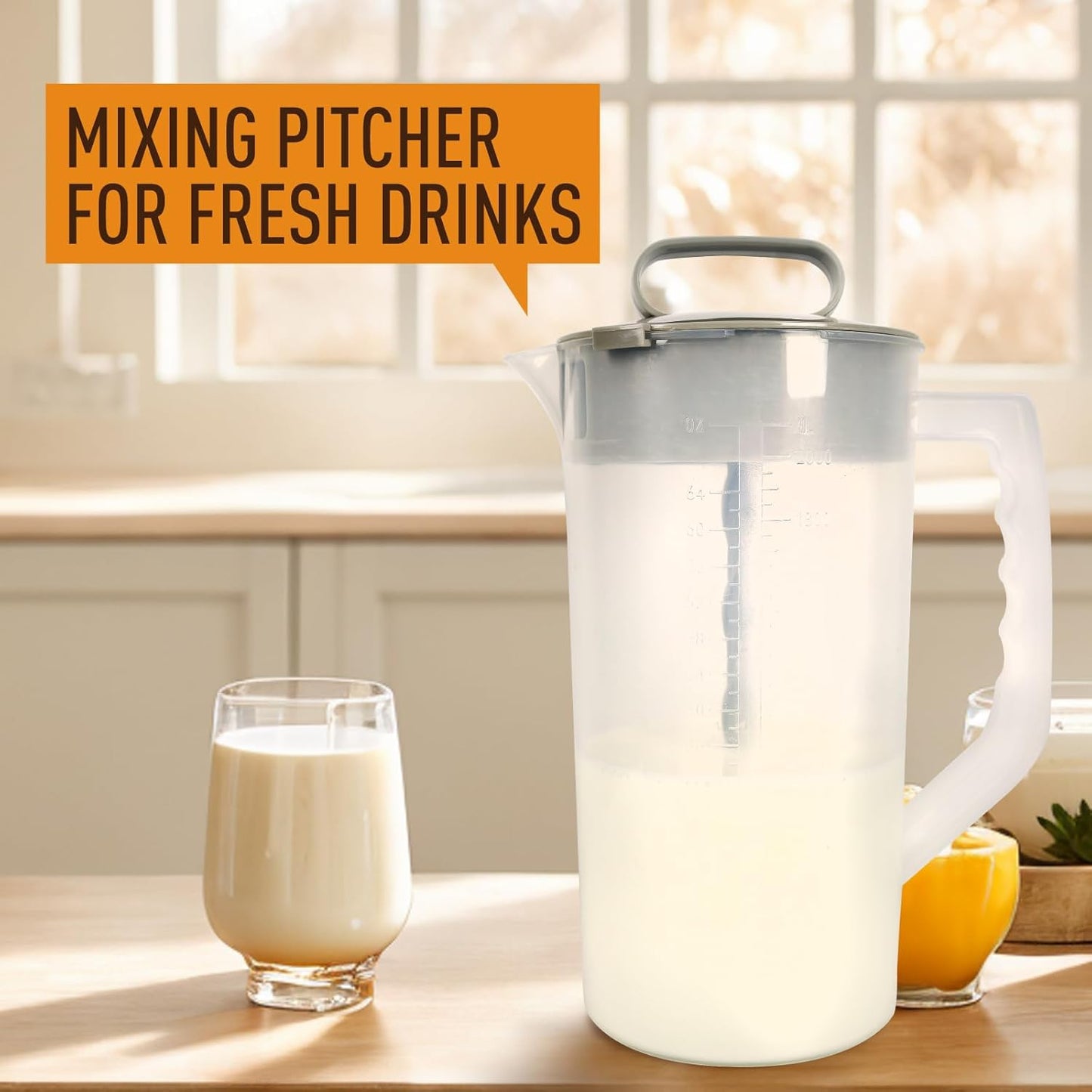 2 Quart Mixing Pitcher with Lid and Mixer Plunger for Drinks, Juice, Tea, Milk - BPA-Free Plastic Water Pitcher with Angled Blades - Beverage Container