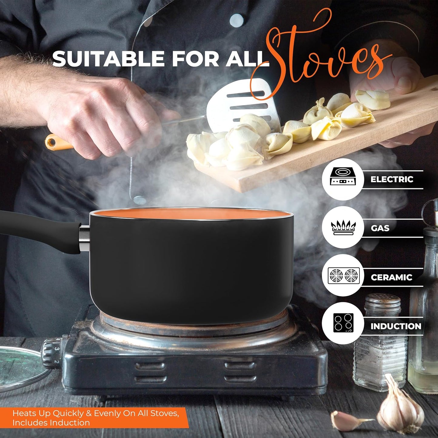 2 Quart Nonstick Saucepan with Glass Lid and Induction Bottom - Utopia Kitchen Pot Pan in Grey Copper Color