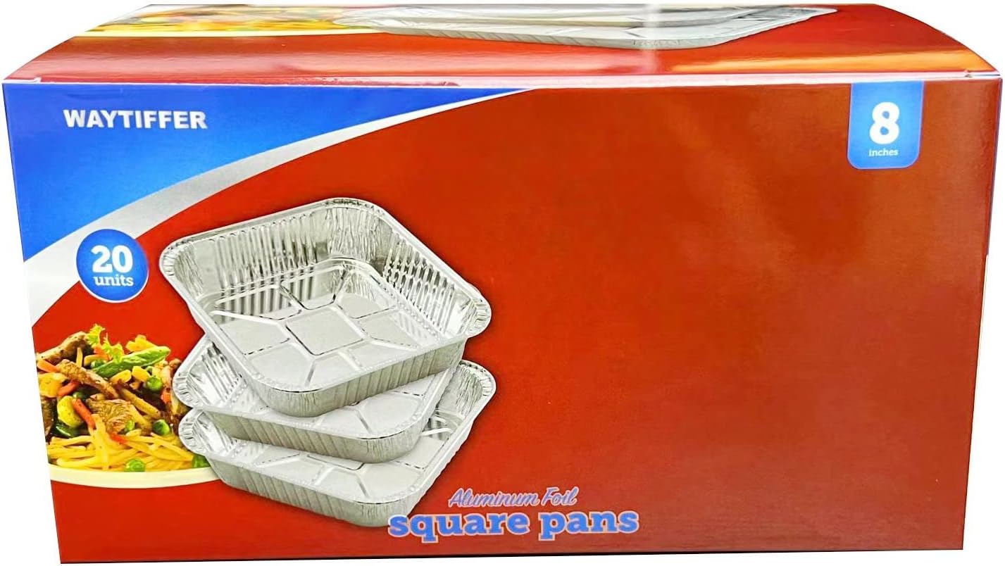 20-Pack Waytiffer 8x8 Square Baking Cake Pans with Plastic Dome Lids - Disposable Aluminum Foil Tins for Roasting and Cooking Homemade Breads in the Oven