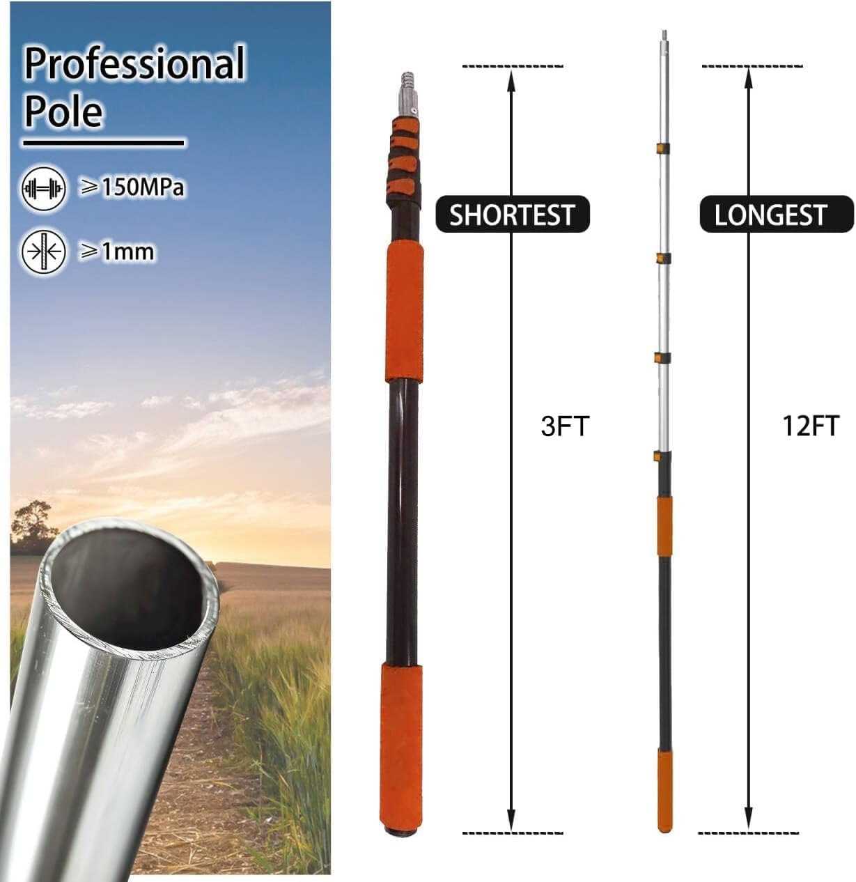20FT Telescoping Extension Pole for Dusting, Painting, and Window Cleaning - Lightweight, Sturdy, Multi-Purpose with Universal Twist-on Metal Tip - Extendable Pole up to 12FT