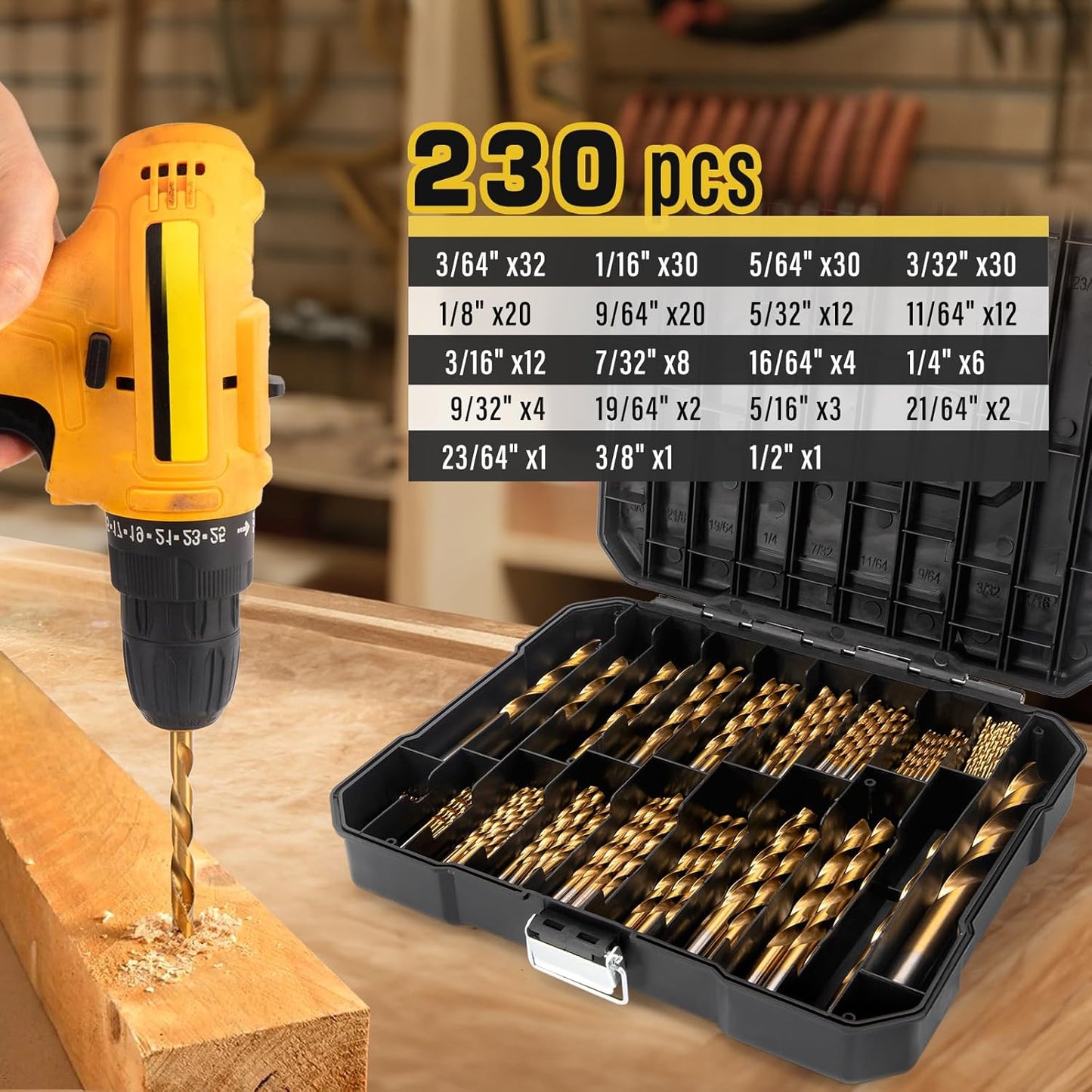 230-Piece Titanium Twist Drill Bit Set for Metal and Wood - High Speed Steel Kit for Wood, Aluminum, Metal, Plastic - Storage Case Included