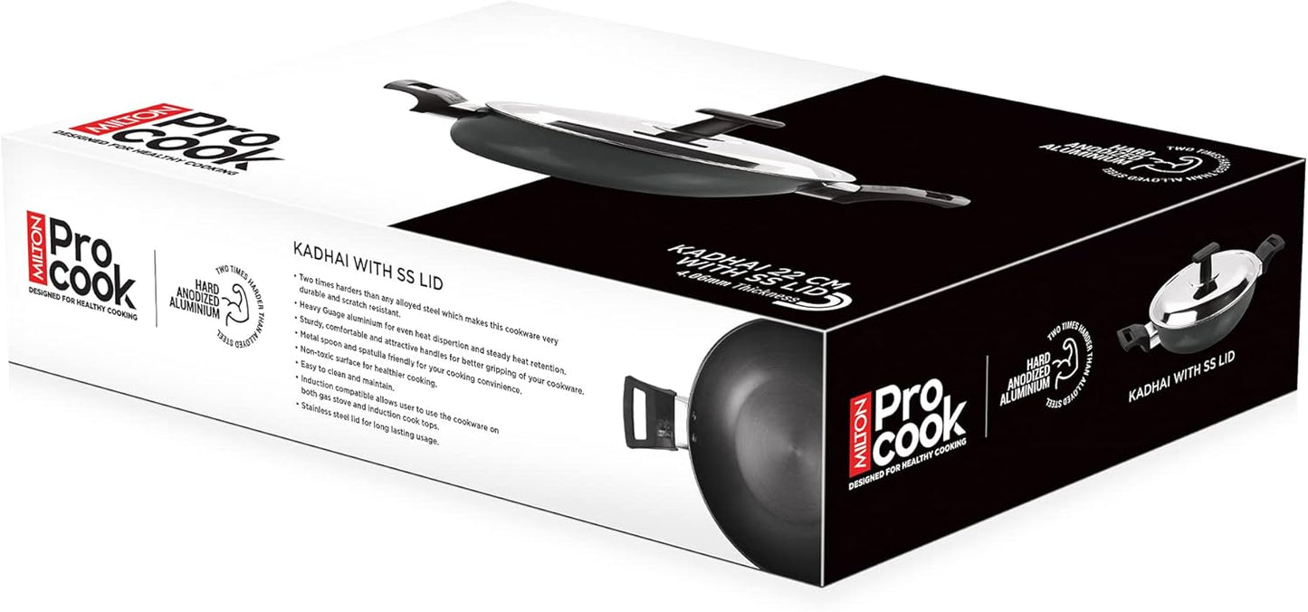 24 cm MILTON Pro Cook Kadai with Lid - Hard Anodized Aluminum Pot for Indian Cooking, Deep Frying - Induction Compatible