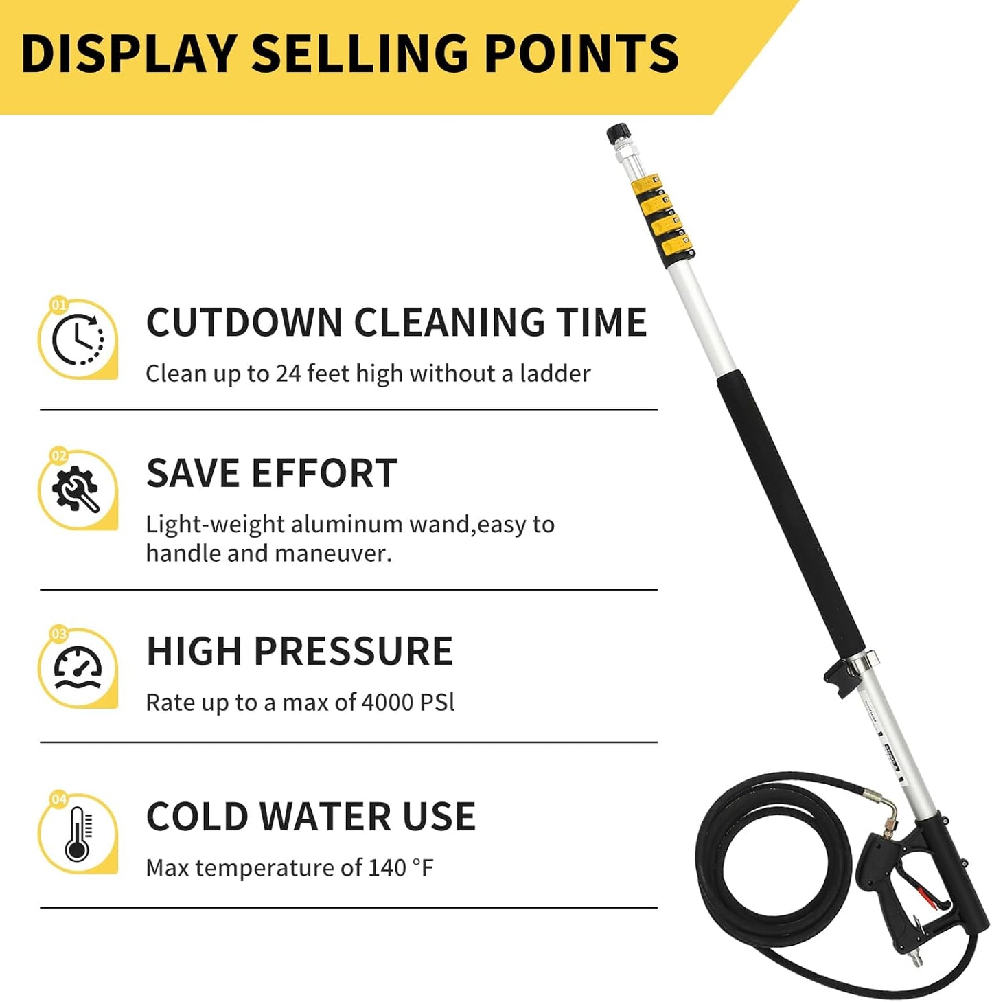 24 FT Telescoping Pressure Washer Wand with Extension, Brush Head, Gutter Cleaner, 5 Spray Tips, Hose Adapters & Support Belt