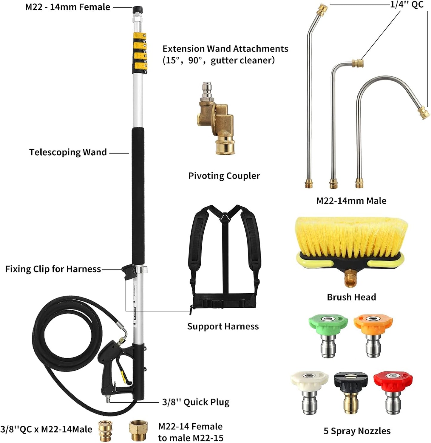 24 FT Telescoping Pressure Washer Wand with Extension, Brush Head, Gutter Cleaner, 5 Spray Tips, Hose Adapters & Support Belt