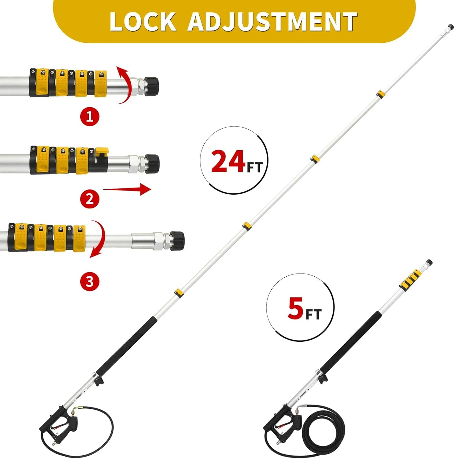 24 FT Telescoping Pressure Washer Wand with Extension, Brush Head, Gutter Cleaner, 5 Spray Tips, Hose Adapters & Support Belt