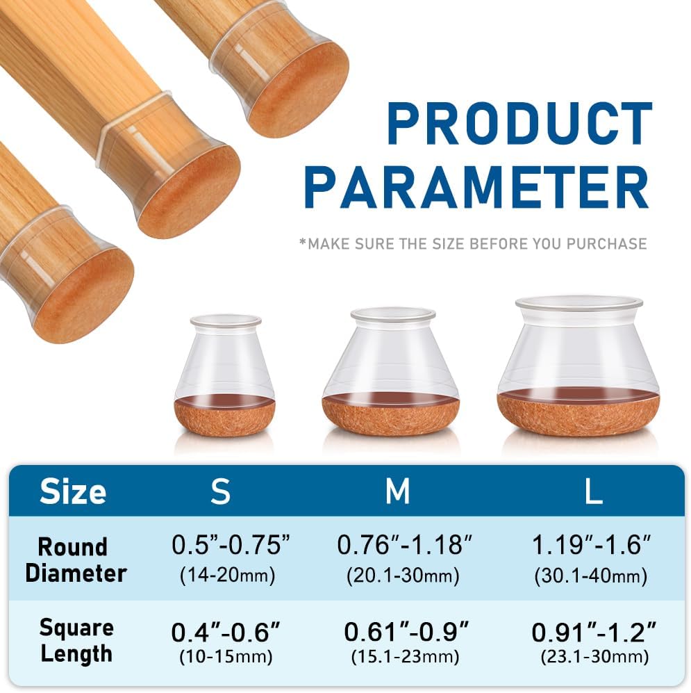 24 Pack Silicone Chair Leg Floor Protectors for Hardwood Floors - Furniture Pads with Felt Bottom - Medium Size - Fits 0.76" to 1.18" Chairs