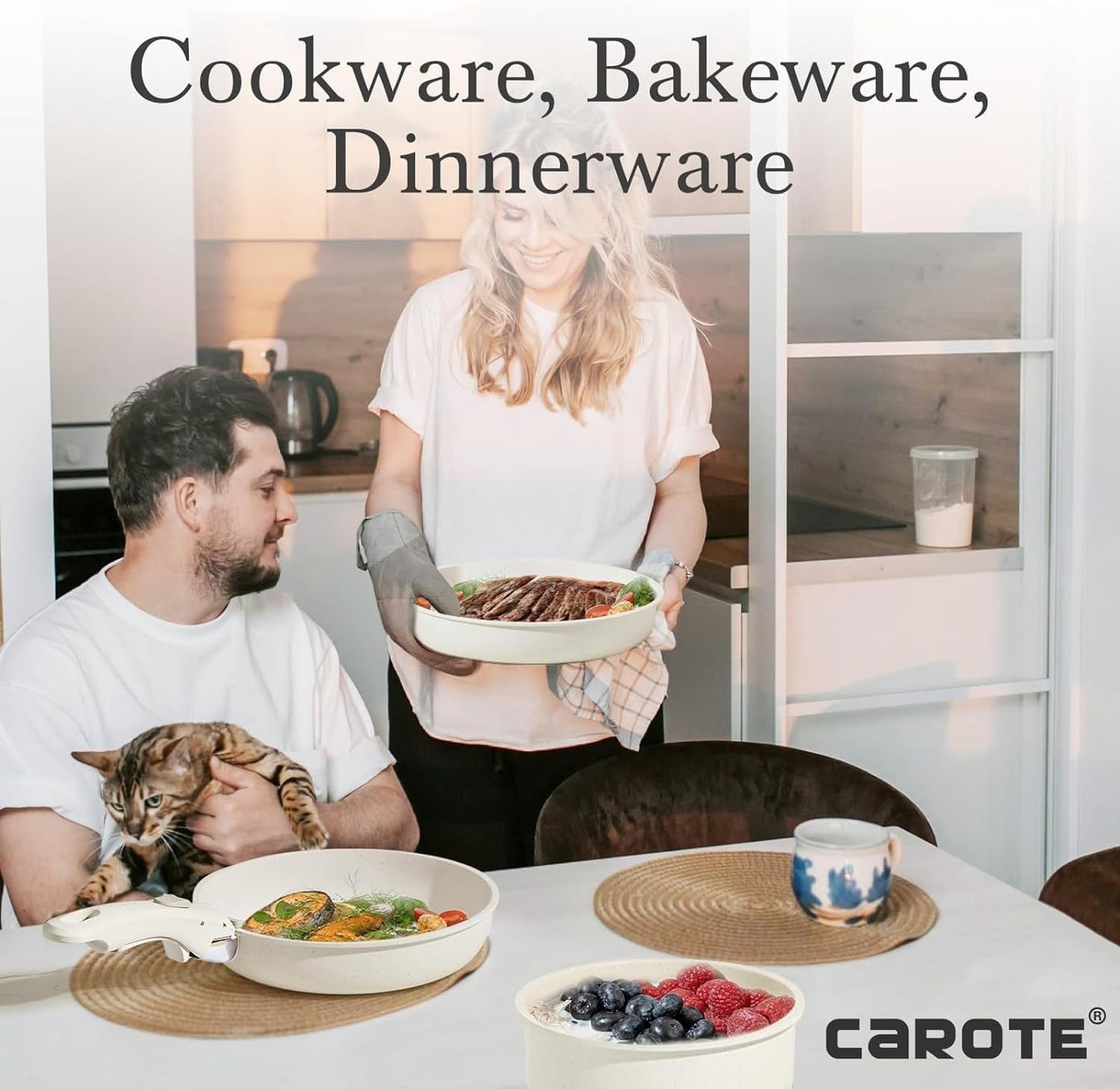 24-Piece Nonstick Induction Cookware Set with Detachable Handles - RV Oven Safe Cream White Pot and Pan Set