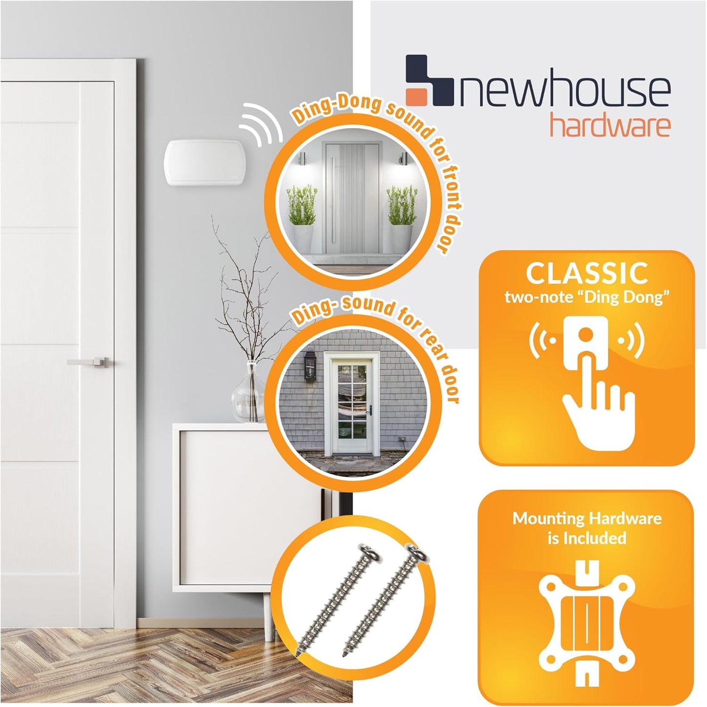 24-Volt White Wired Doorbell Chime for Homes | Hard-Wired Door Bell with Front Ding-Dong and Rear Tone | Home Improvement Electrical Equipment by Newhouse Hardware