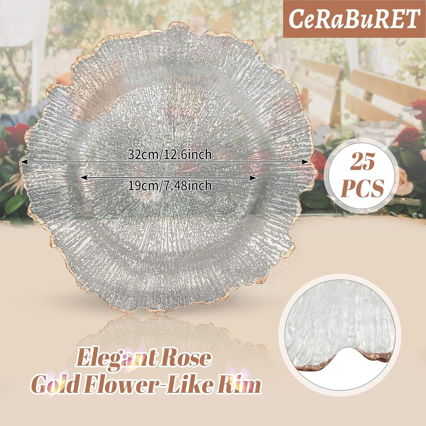 25 Piece Flower Shaped Clear Charger Plates for Weddings and Parties - 12.6inch Plastic Decorative Table Chargers with Rose Gold Rim