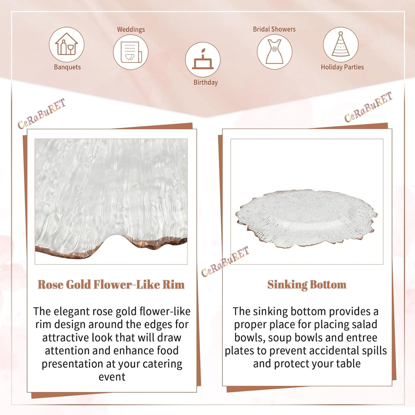 25 Piece Flower Shaped Clear Charger Plates for Weddings and Parties - 12.6inch Plastic Decorative Table Chargers with Rose Gold Rim