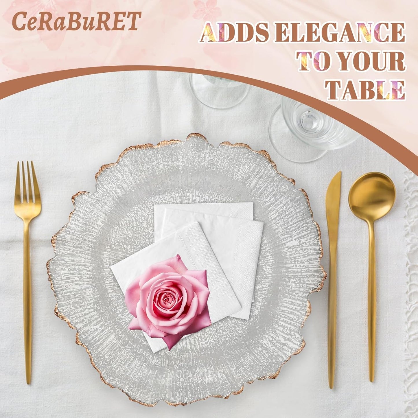 25 Piece Flower Shaped Clear Charger Plates for Weddings and Parties - 12.6inch Plastic Decorative Table Chargers with Rose Gold Rim