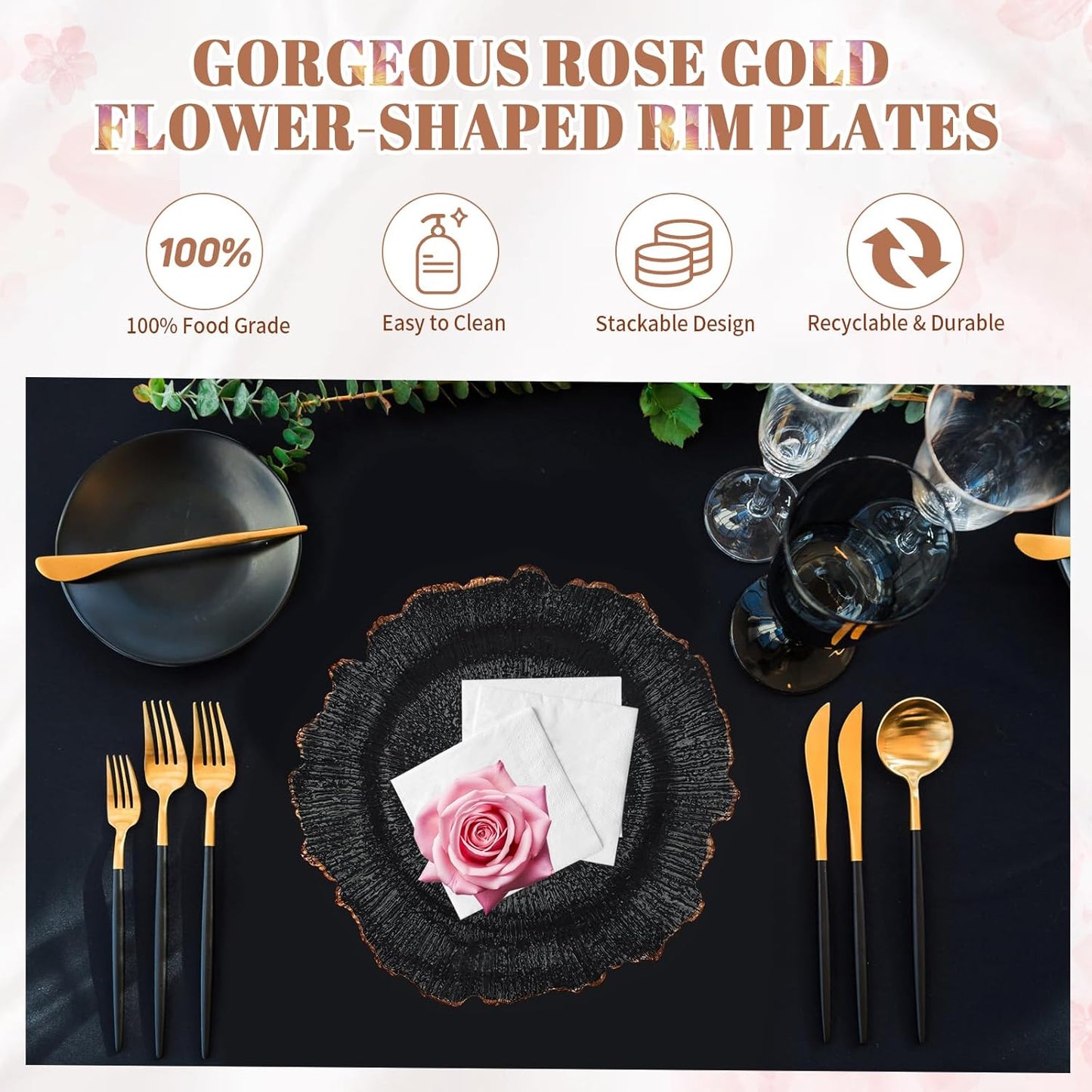 25 Piece Flower Shaped Clear Charger Plates for Weddings and Parties - 12.6inch Plastic Decorative Table Chargers with Rose Gold Rim