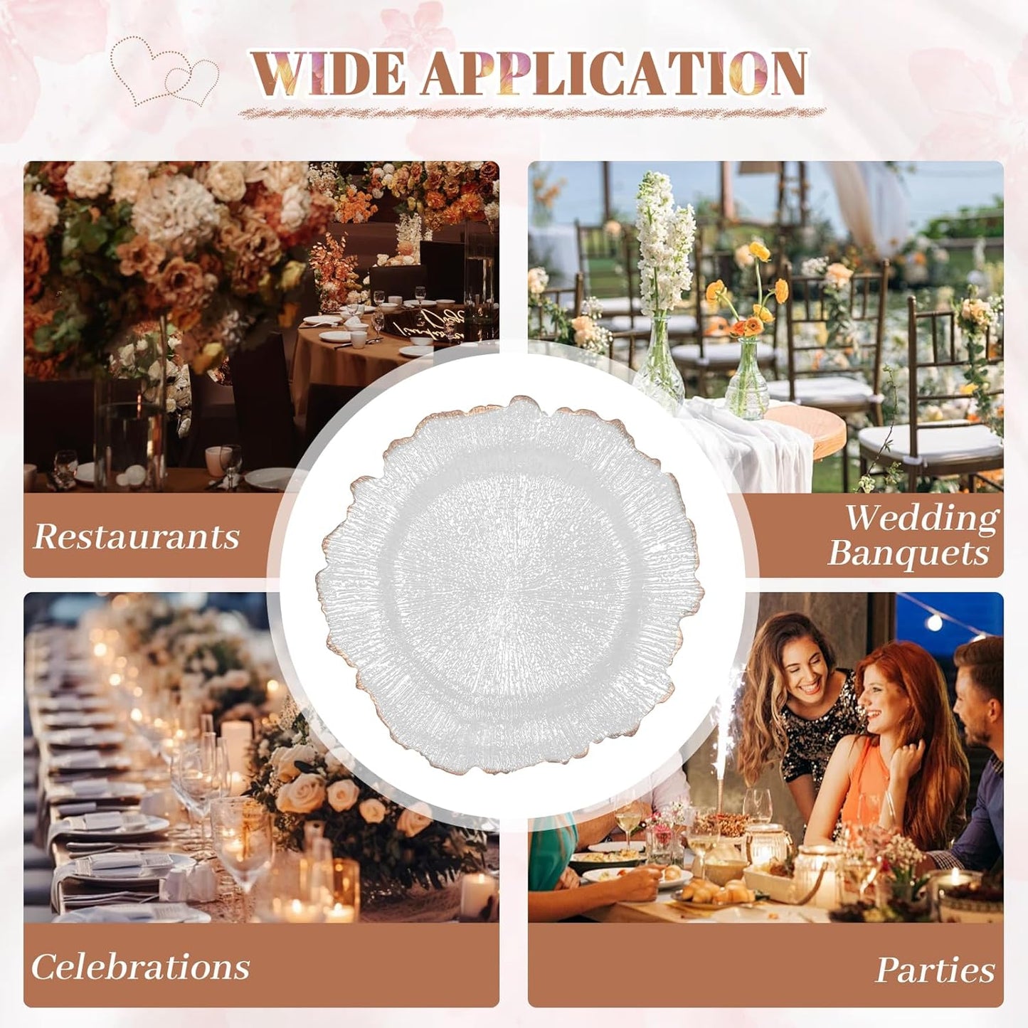 25 Piece Flower Shaped Clear Charger Plates for Weddings and Parties - 12.6inch Plastic Decorative Table Chargers with Rose Gold Rim