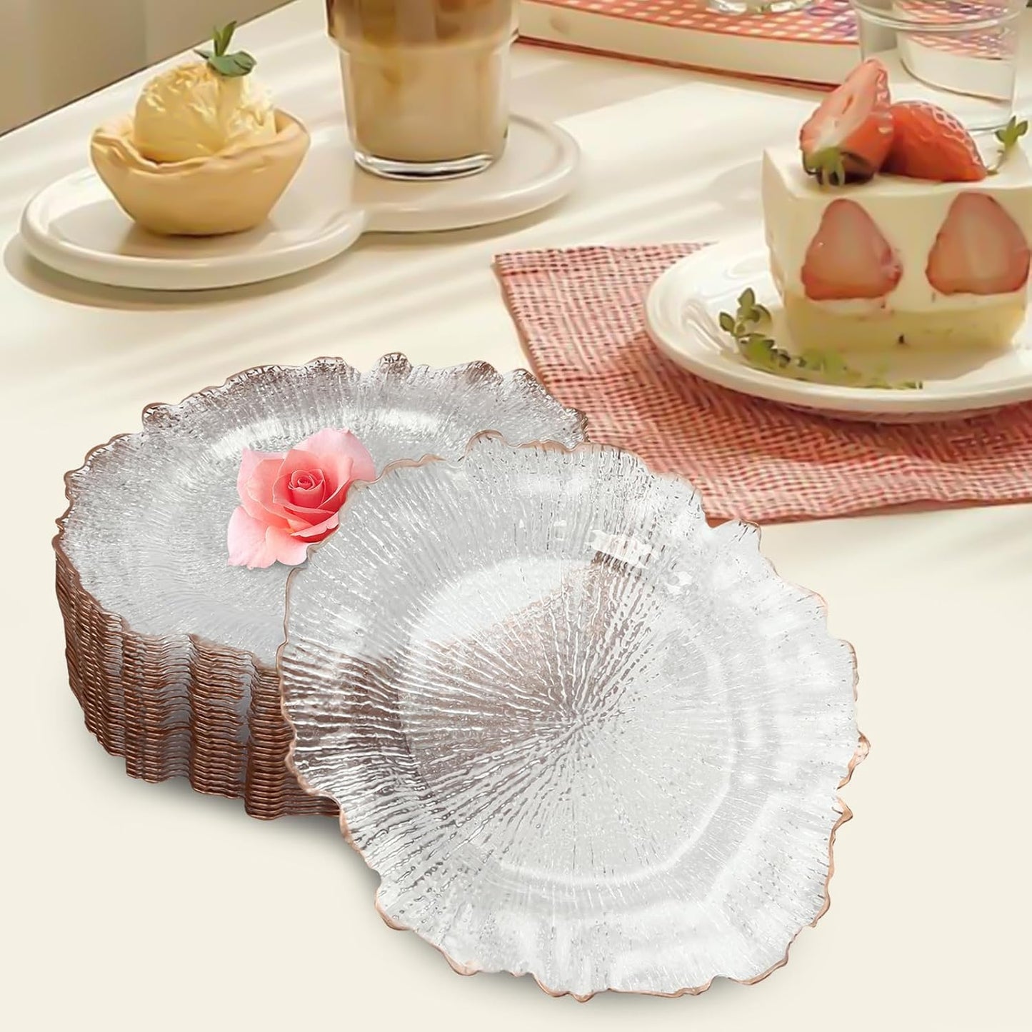 25 Piece Flower Shaped Clear Charger Plates for Weddings and Parties - 12.6inch Plastic Decorative Table Chargers with Rose Gold Rim