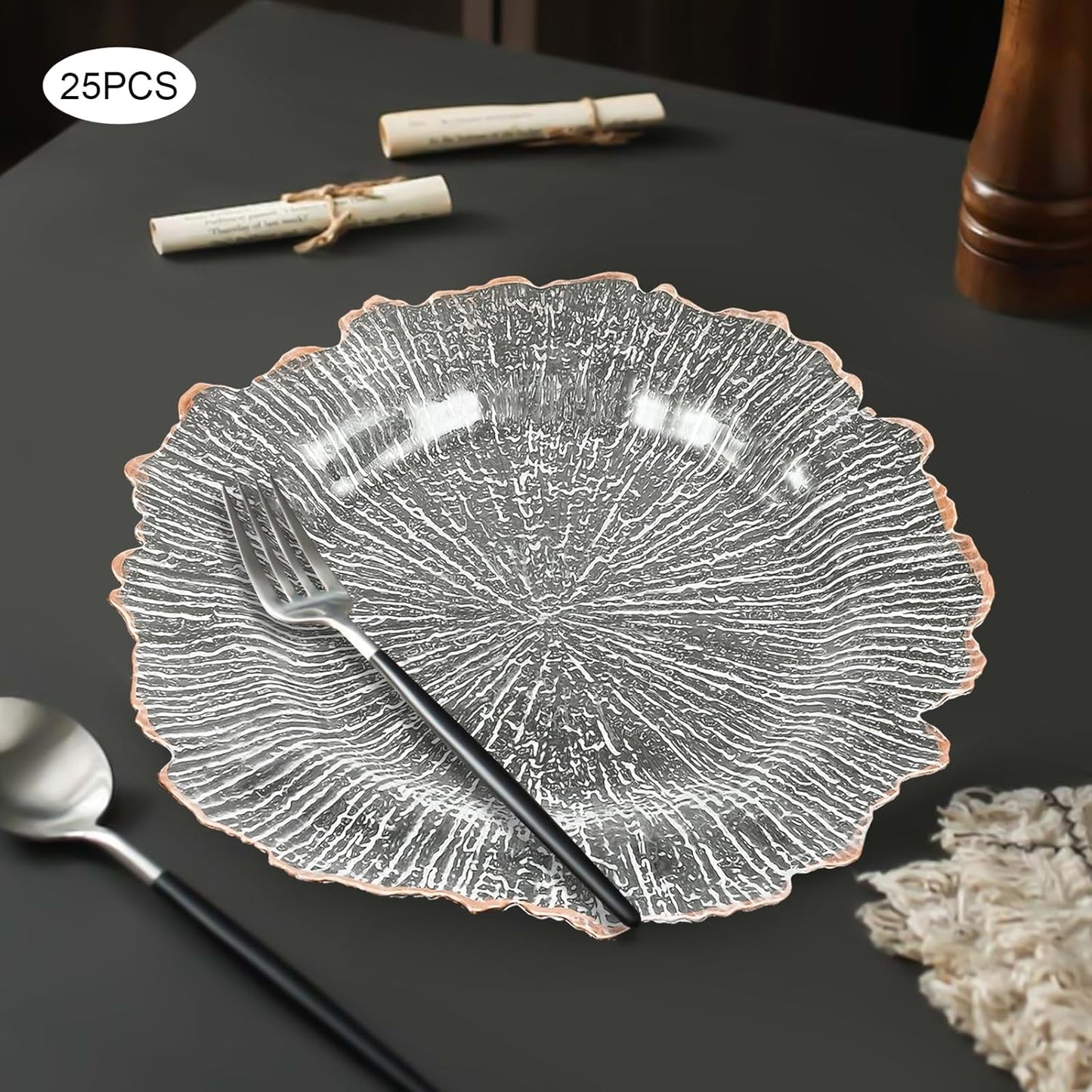 25 Piece Flower Shaped Clear Charger Plates for Weddings and Parties - 12.6inch Plastic Decorative Table Chargers with Rose Gold Rim