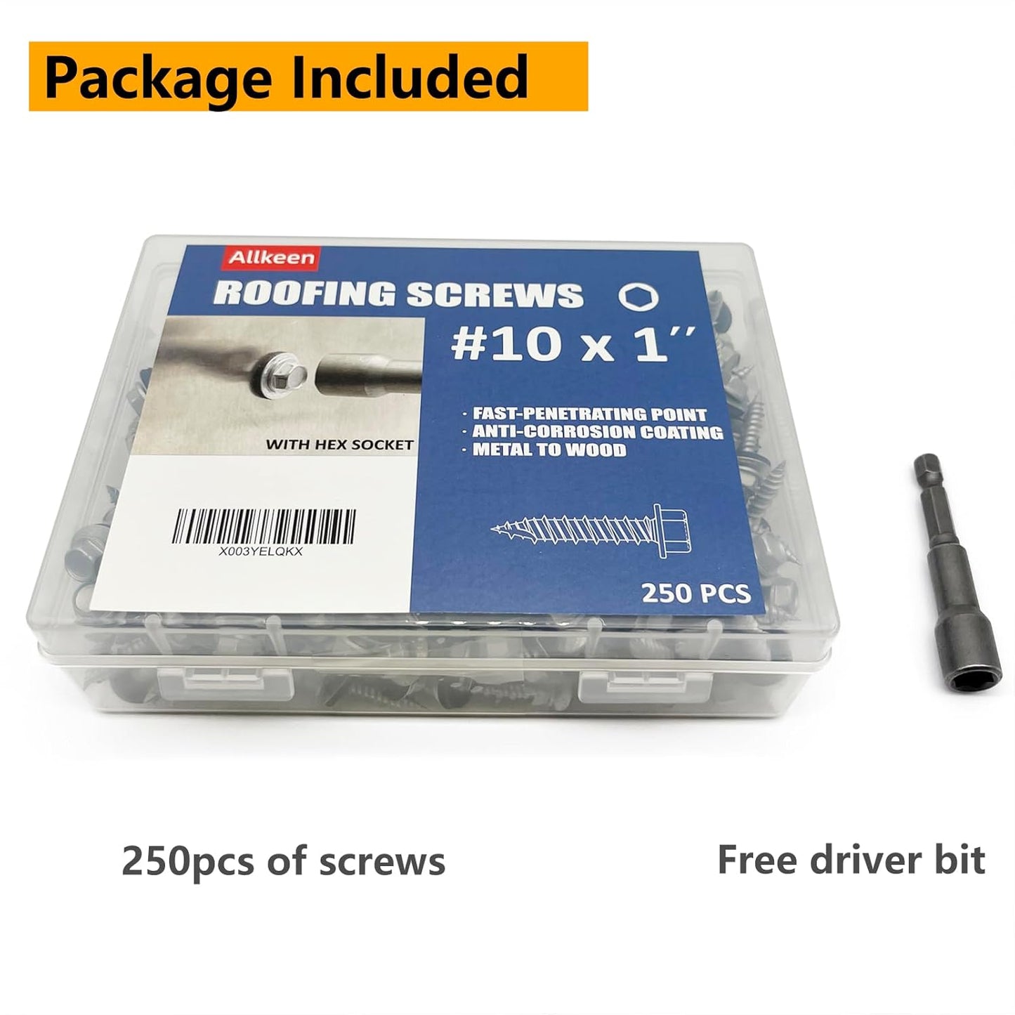 250 Pieces Allkeen #10 x 1 Hex Head Sheet Metal Roof Screws with Rustpert Coating for Metal to Wood Siding