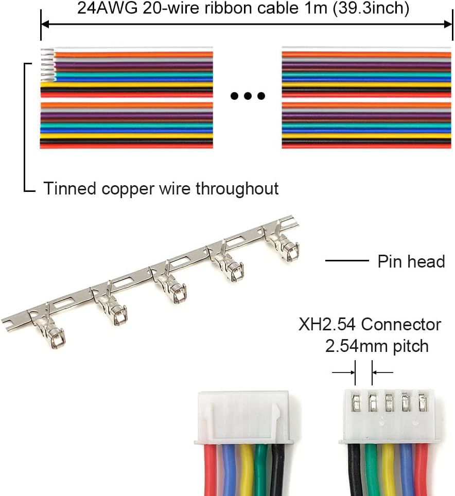 2.54mm XH Male Connector Pin Kit with Pre-Crimped Ribbon Cables - JST-XH Compatible