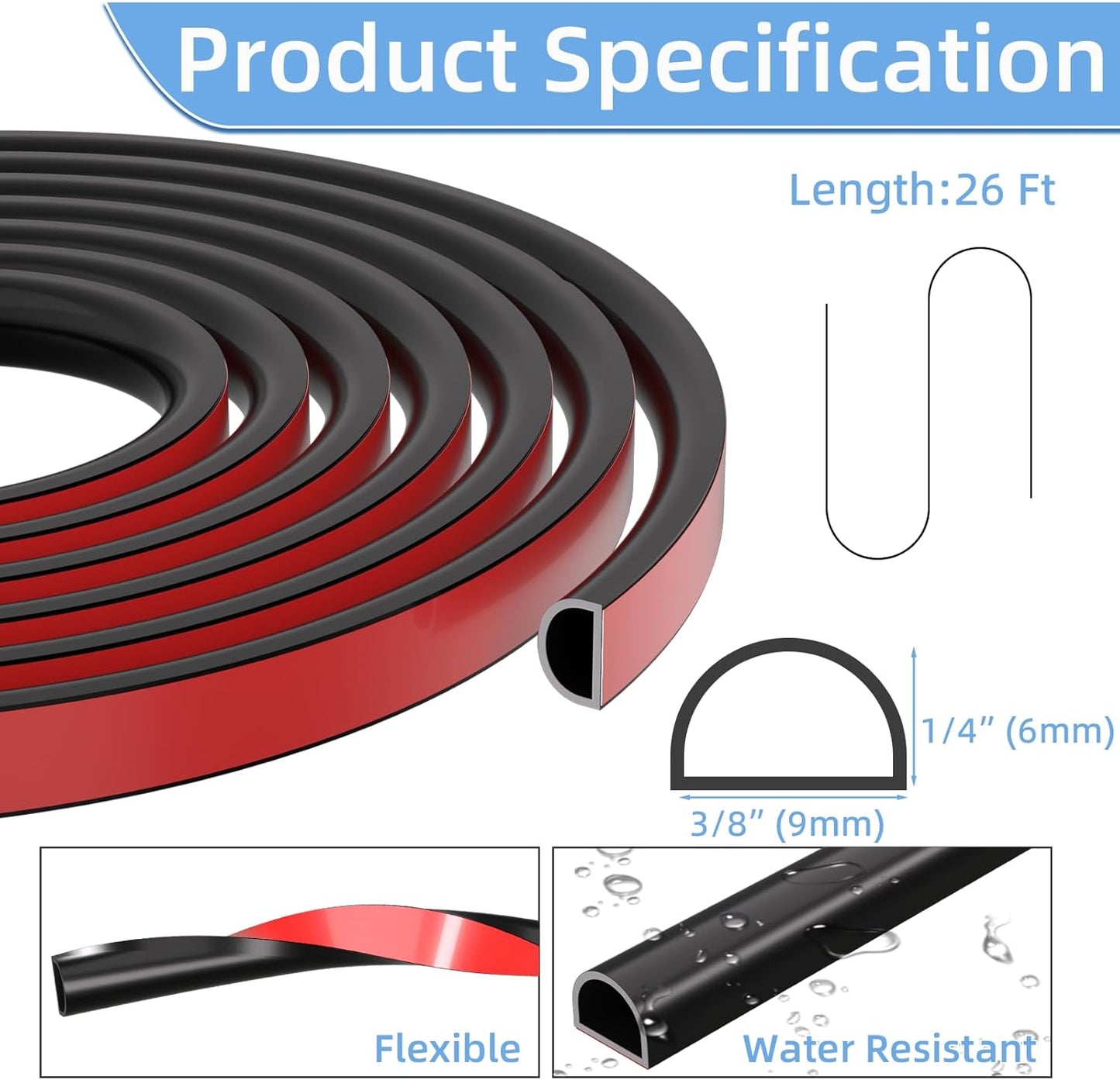 26 Feet Silicone Weather Stripping Door Seal for Exterior Doors - Black Adhesive Door Frame Seal for Soundproofing and Insulation