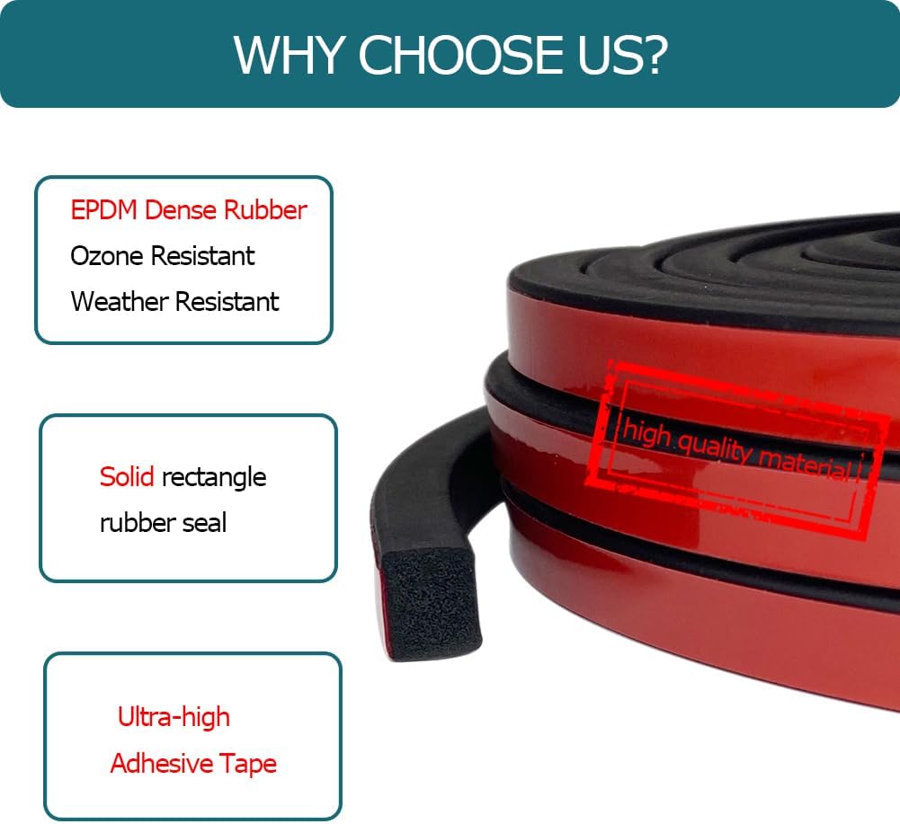 26 Feet Solid Rectangle Rubber Seal with High Tack Self-Adhesive Tape - EPDM Foam Weather Stripping for Boat, Auto, RV, Marine, Garage Doors/Window Seal - Black