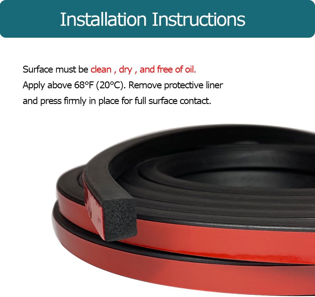 26 Feet Solid Rectangle Rubber Seal with High Tack Self-Adhesive Tape - EPDM Foam Weather Stripping for Boat, Auto, RV, Marine, Garage Doors/Window Seal - Black